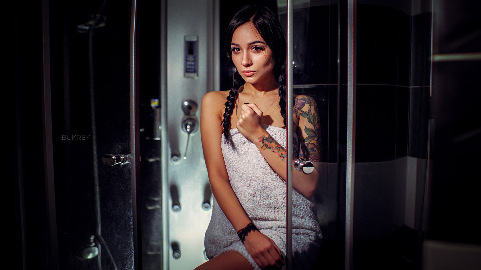 women, tattoo, pigtails, portrait, shower, towel