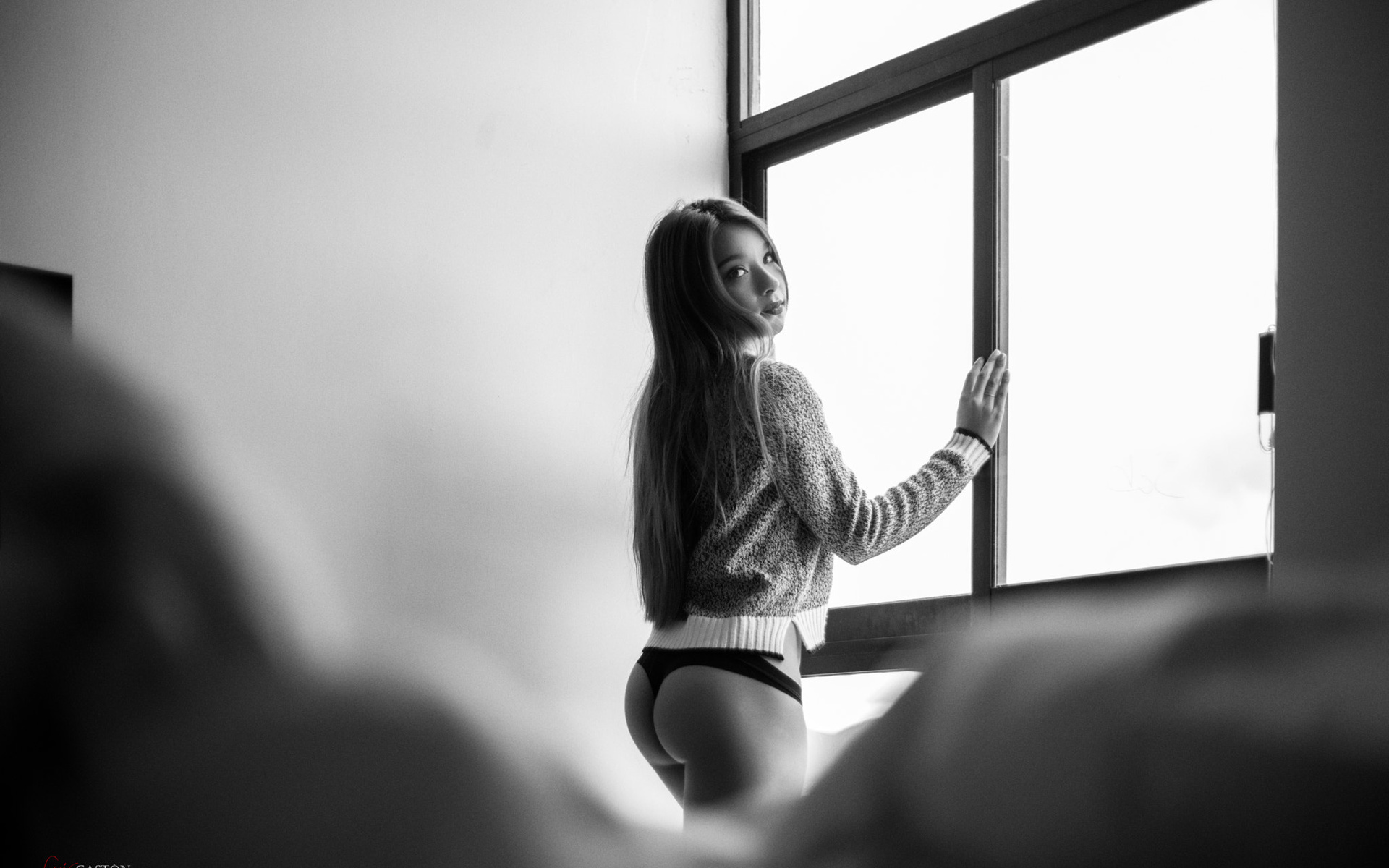 women, ass, luis gaston, black panties, long hair, window, monochrome