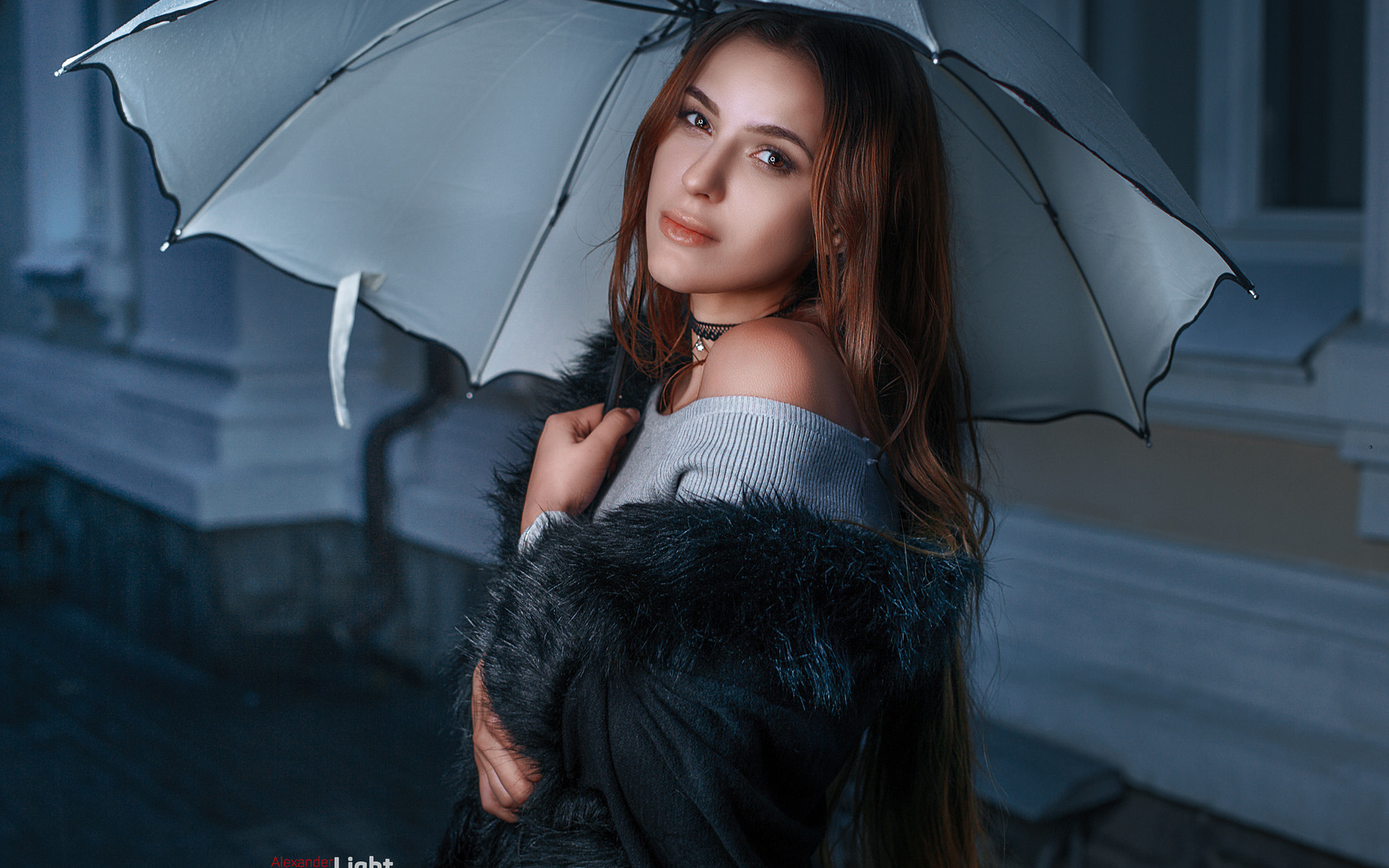 women, umbrella, portrait, long hair, choker, fur, 