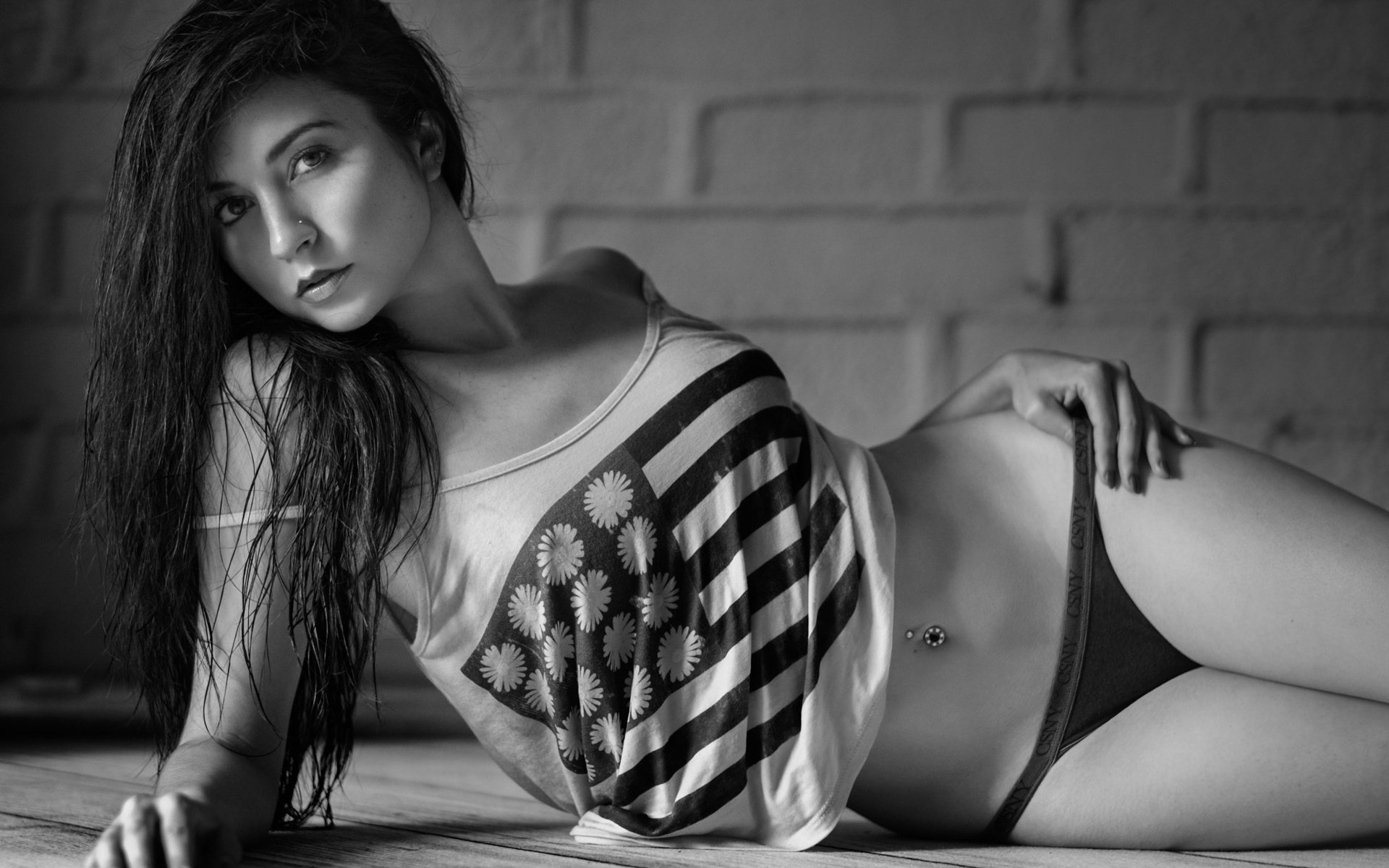 women, monochrome, belly, black panties, nose rings, painted nails, pierced navel, portrait