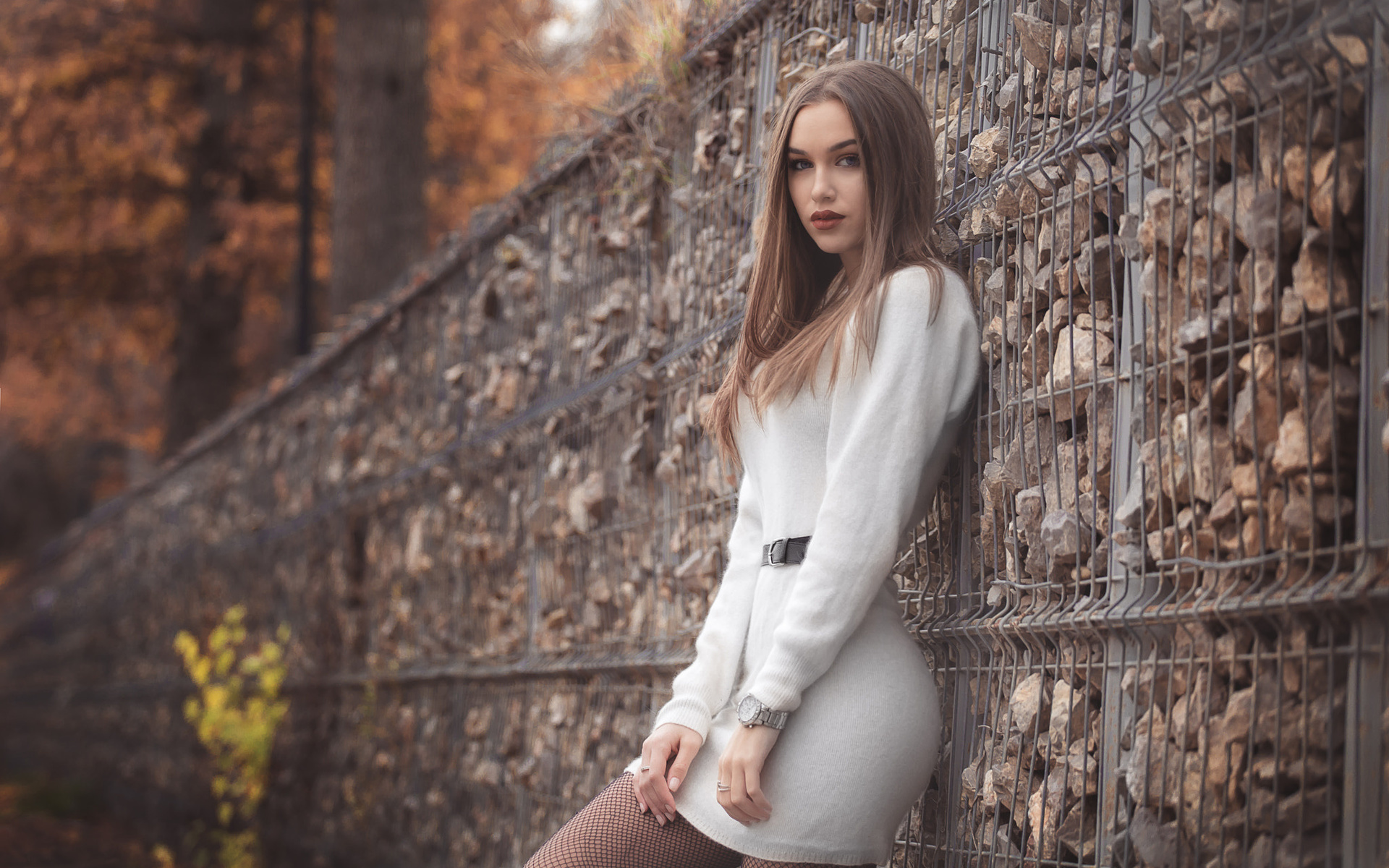 women, white dress, portrait, depth of field, women outdoors, fishnet stockings