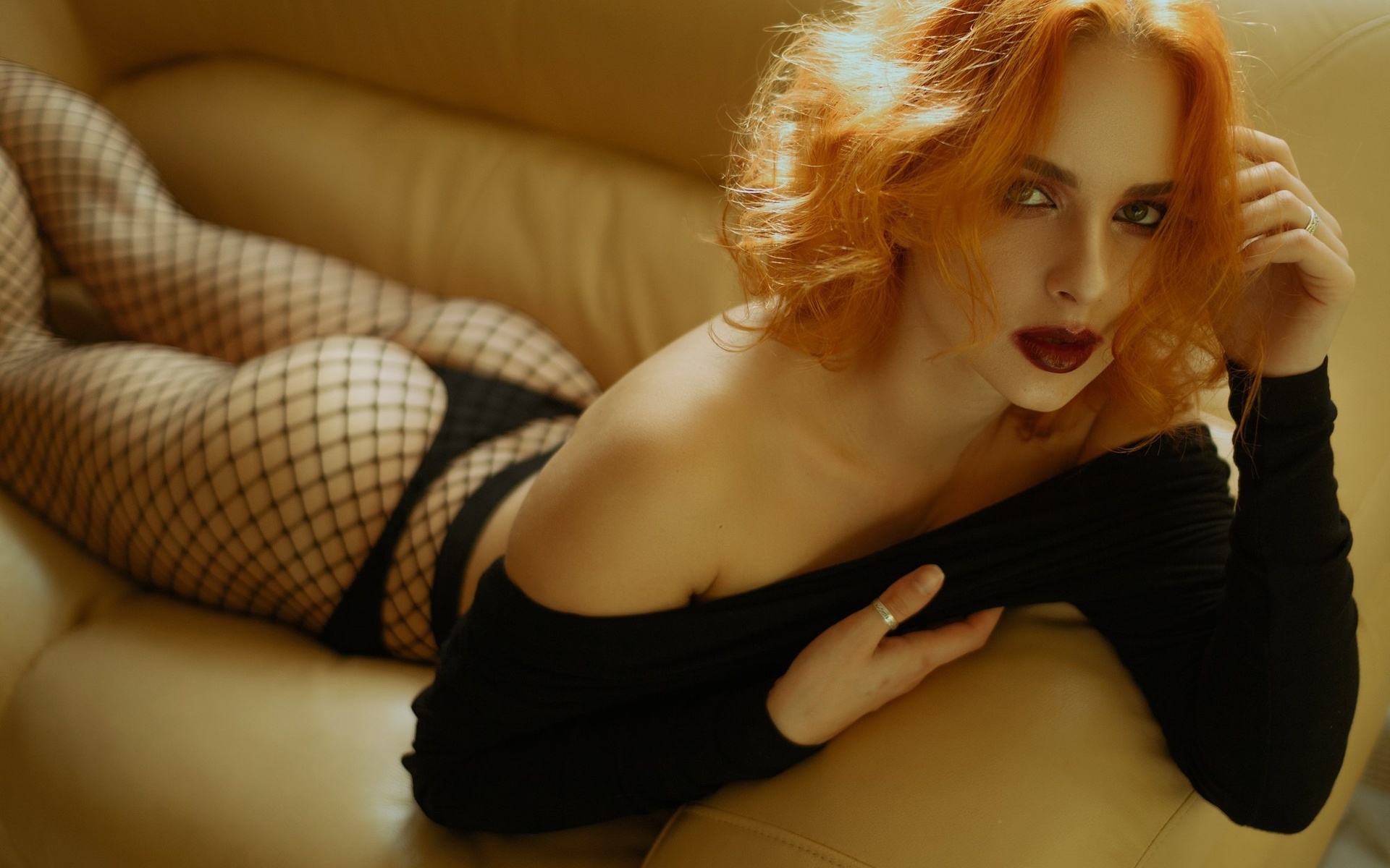 women, redhead, red lipstick, couch, ass, lying on front, black panties, fishnet stockings, brunette, depth of field, 