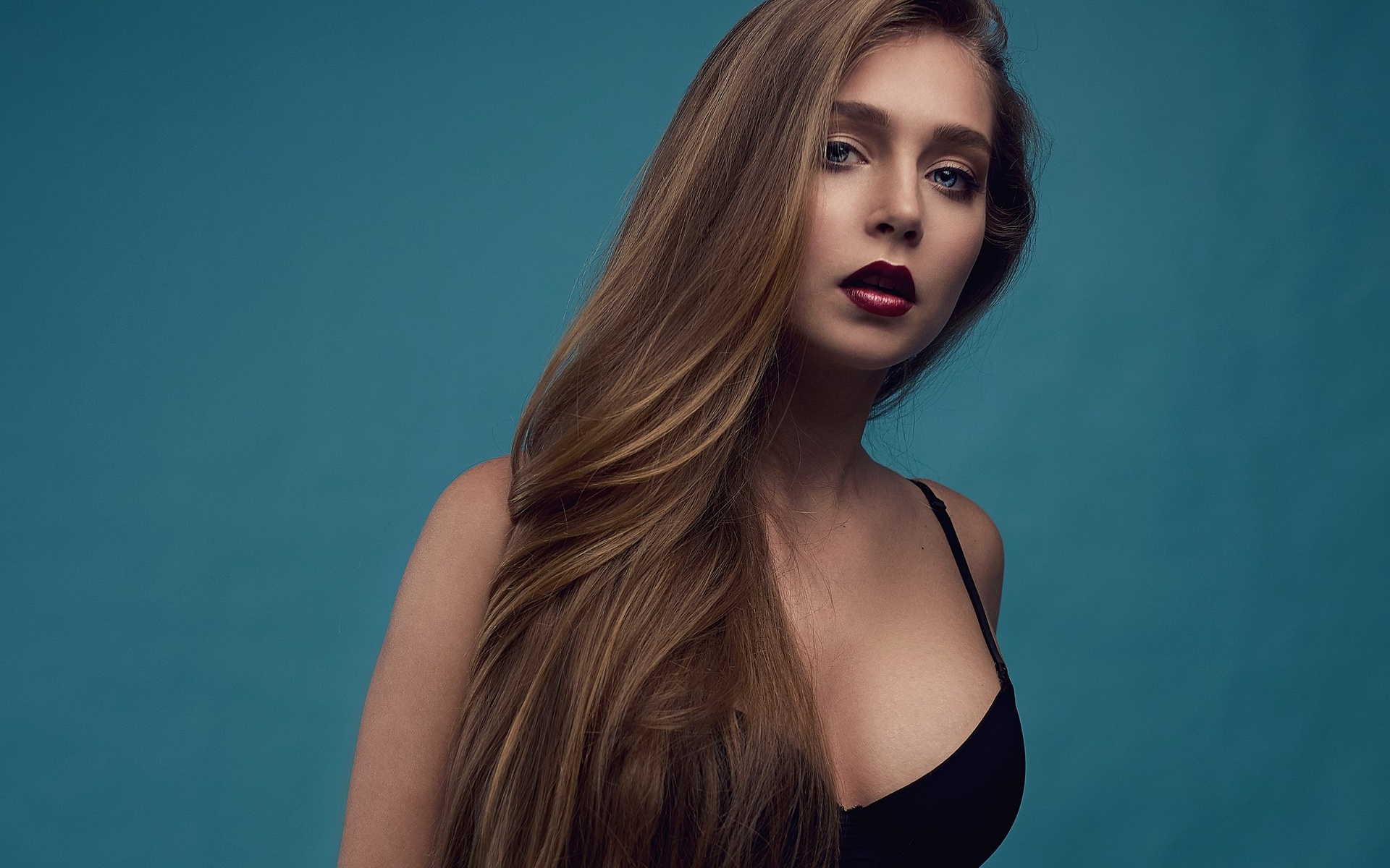 women, black bras, red lipstick, blonde, portrait, blue eyes, simple background, brunette, , , , ,  , , 