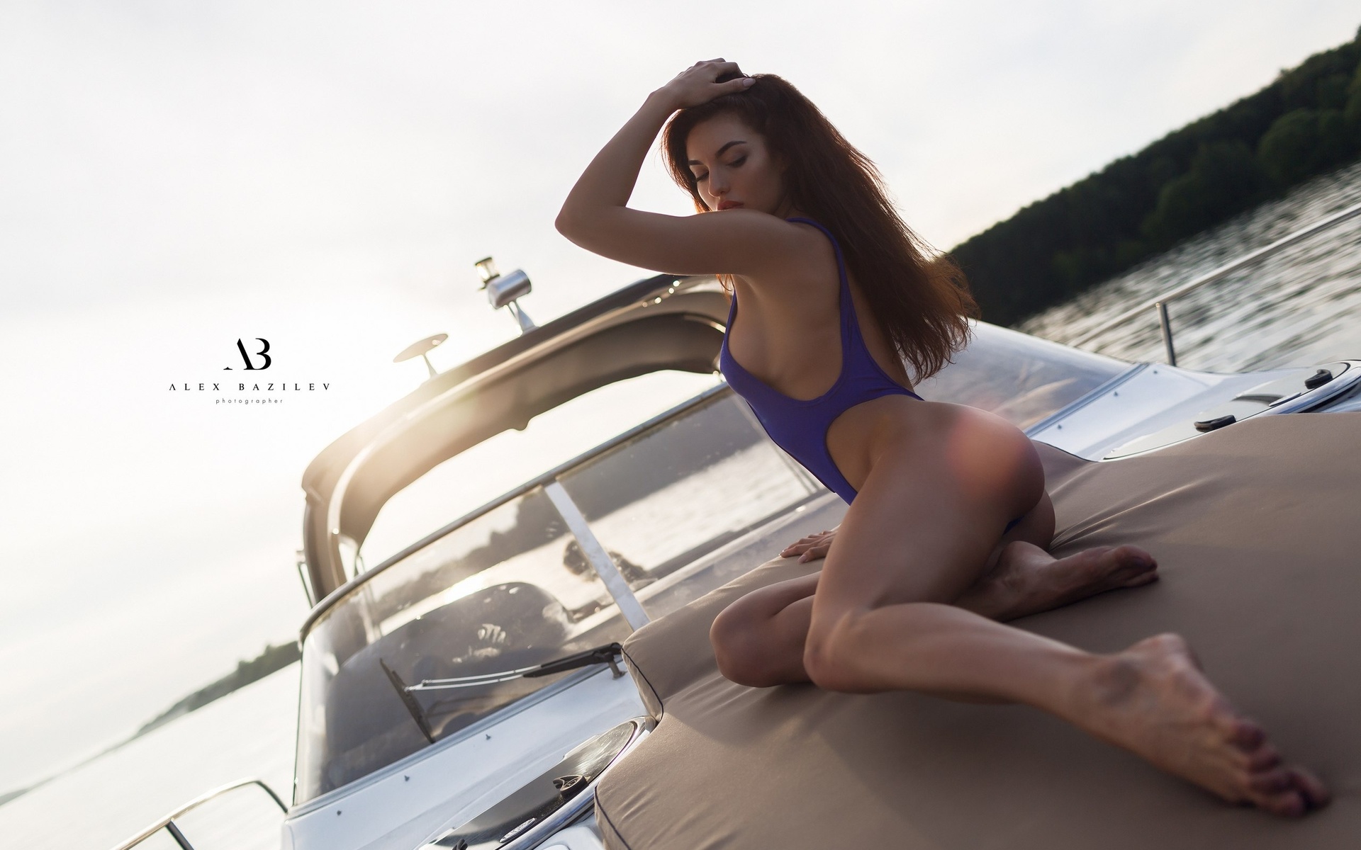 women, alex bazilev, tanned, ass, yachts, sideboob, women outdoors, sitting, one-piece swimsuit