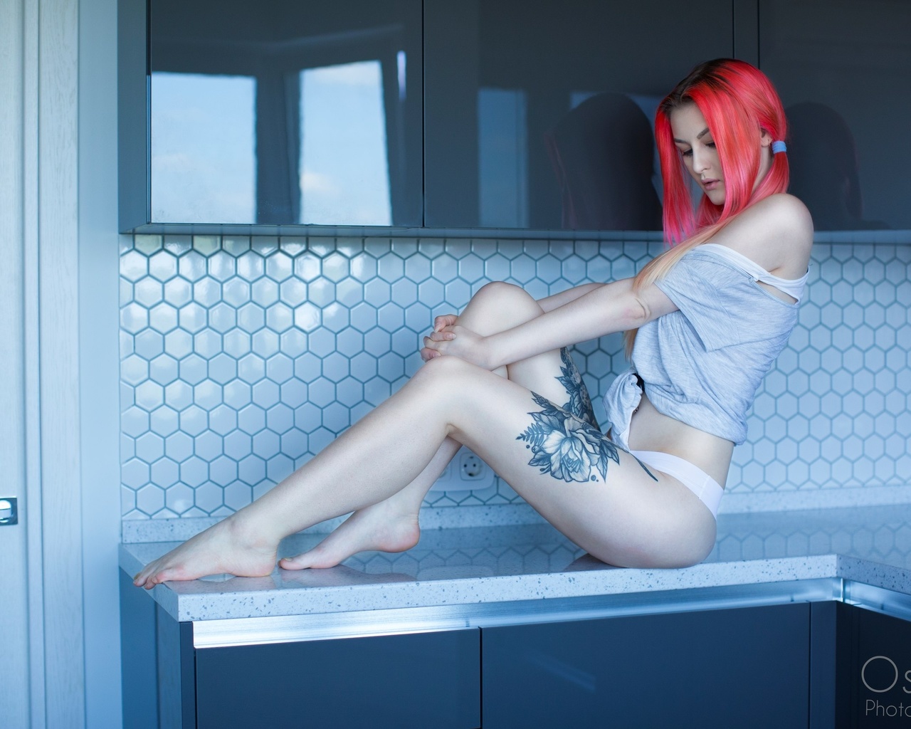 women, sitting, pigtails, tattoo, pale, white panties, kitchen, redhead, dyed hair