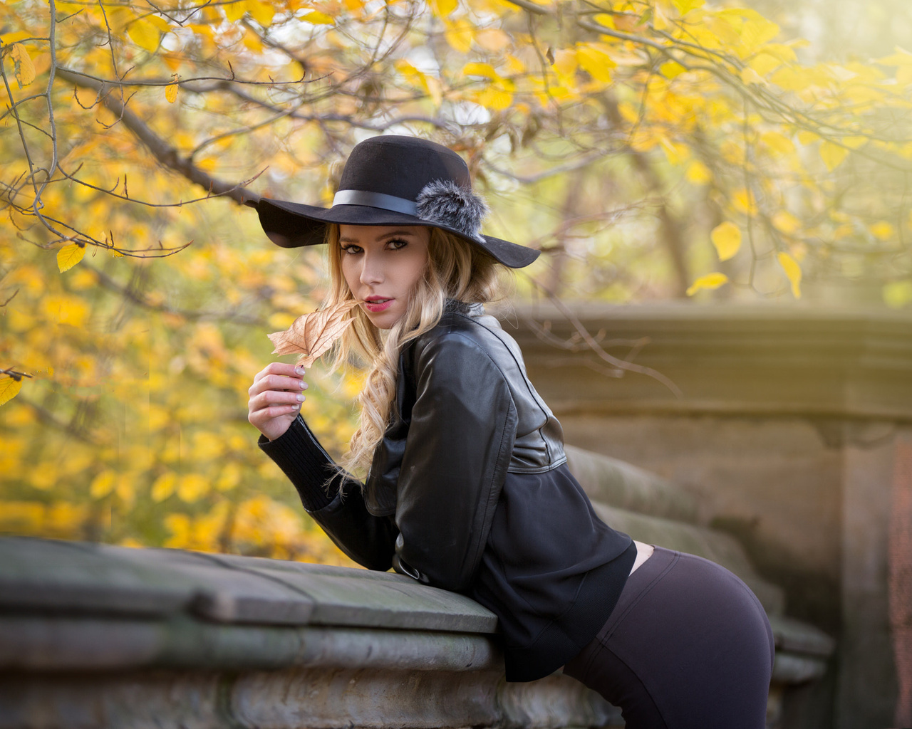 women, hat, blonde, portrait, leather jackets, leaves, women outdoors, black clothing