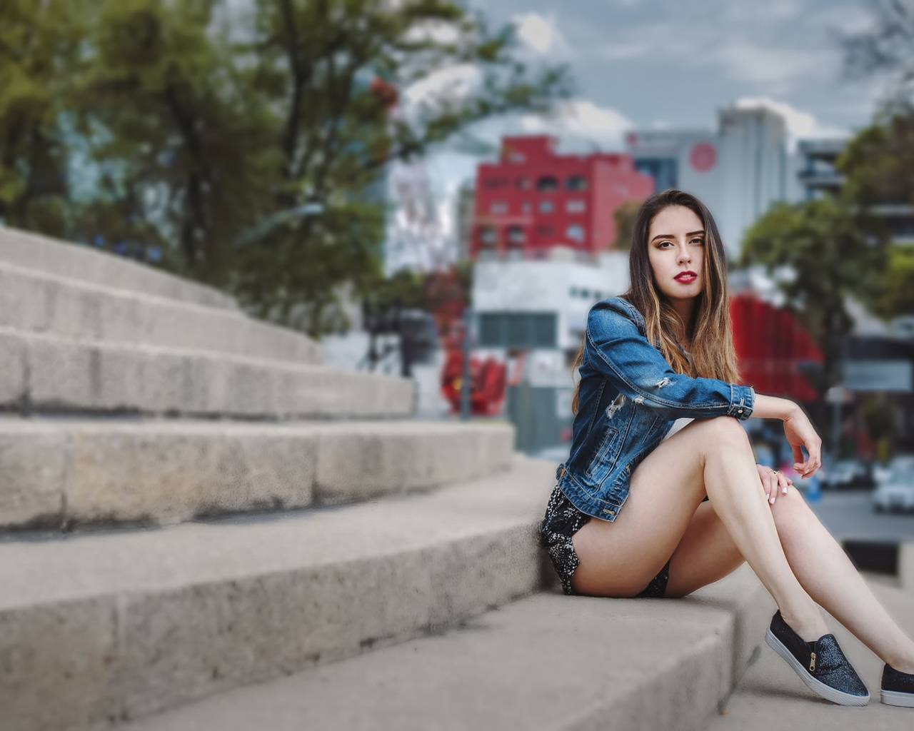 women, sitting, stairs, women outdoors, sneakers, brunette, depth of field, jean shorts, denim, red lipstick, portrait