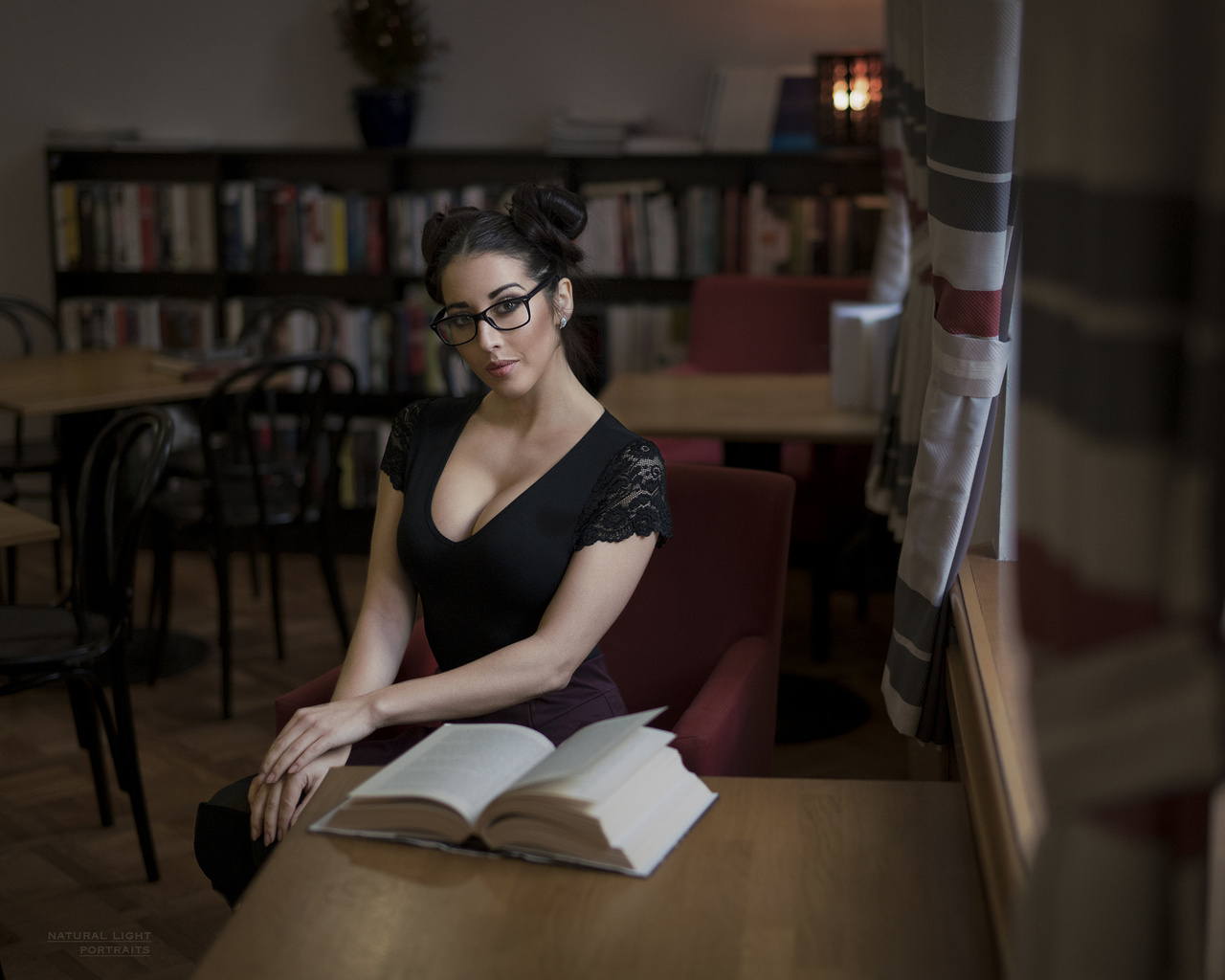 women, barbora zavadilova, portrait, table, sitting, women with glasses, books, hairbun