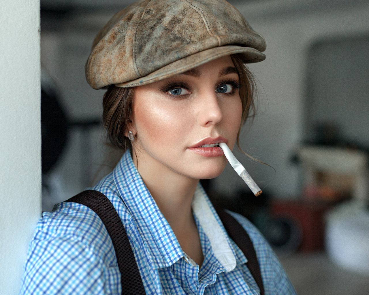 women, blue eyes, shirt, cigarettes, face, portrait, depth of field, suspenders