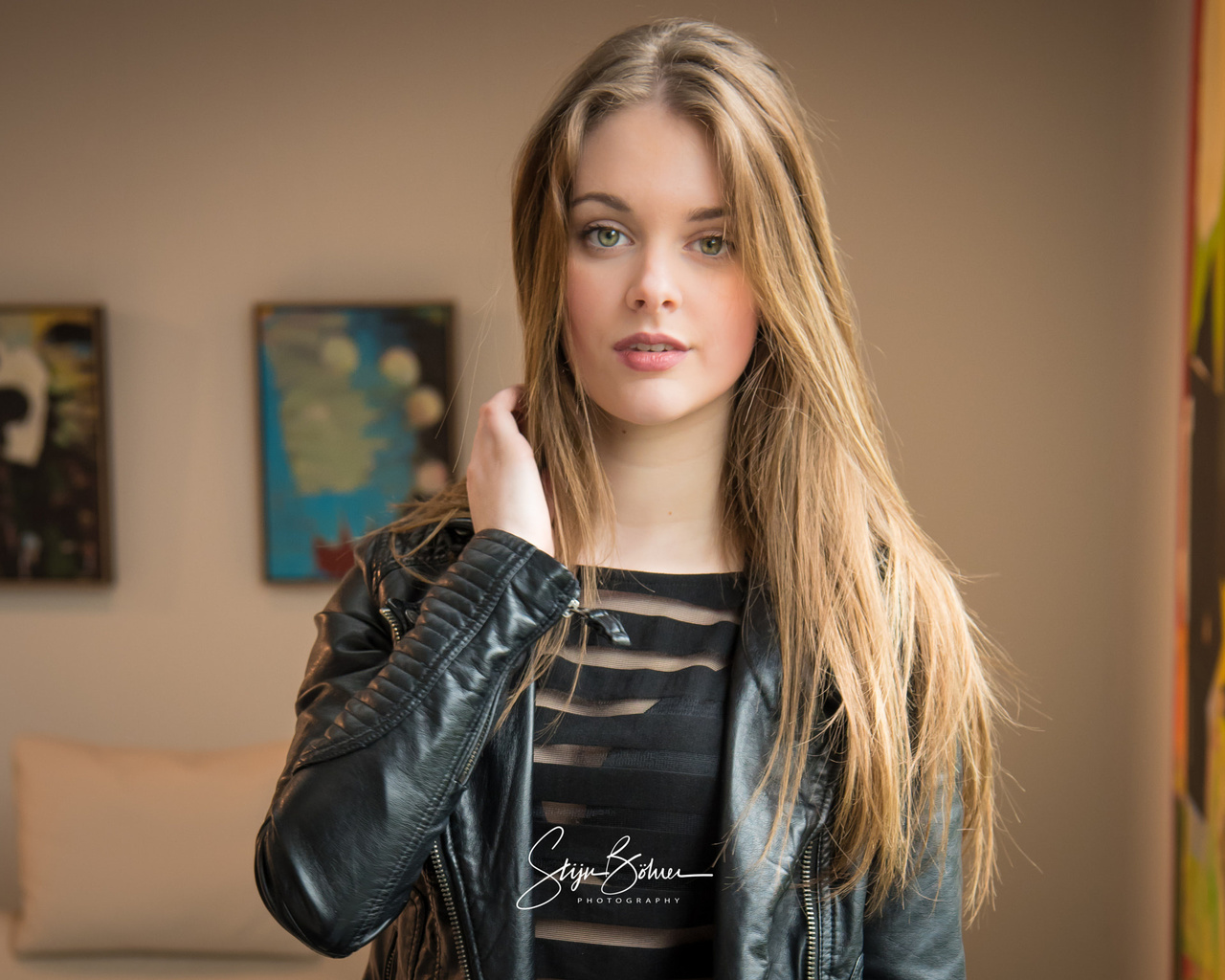 women, blonde, leather jackets, portrait