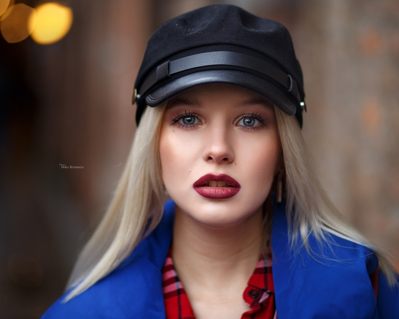 women, blonde, red lipstick, face, portrait, maksim romanov, depth of field, 