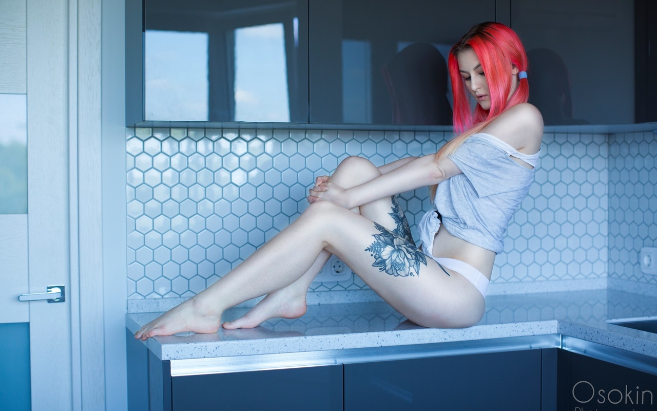 women, sitting, pigtails, tattoo, pale, white panties, kitchen, redhead, dyed hair