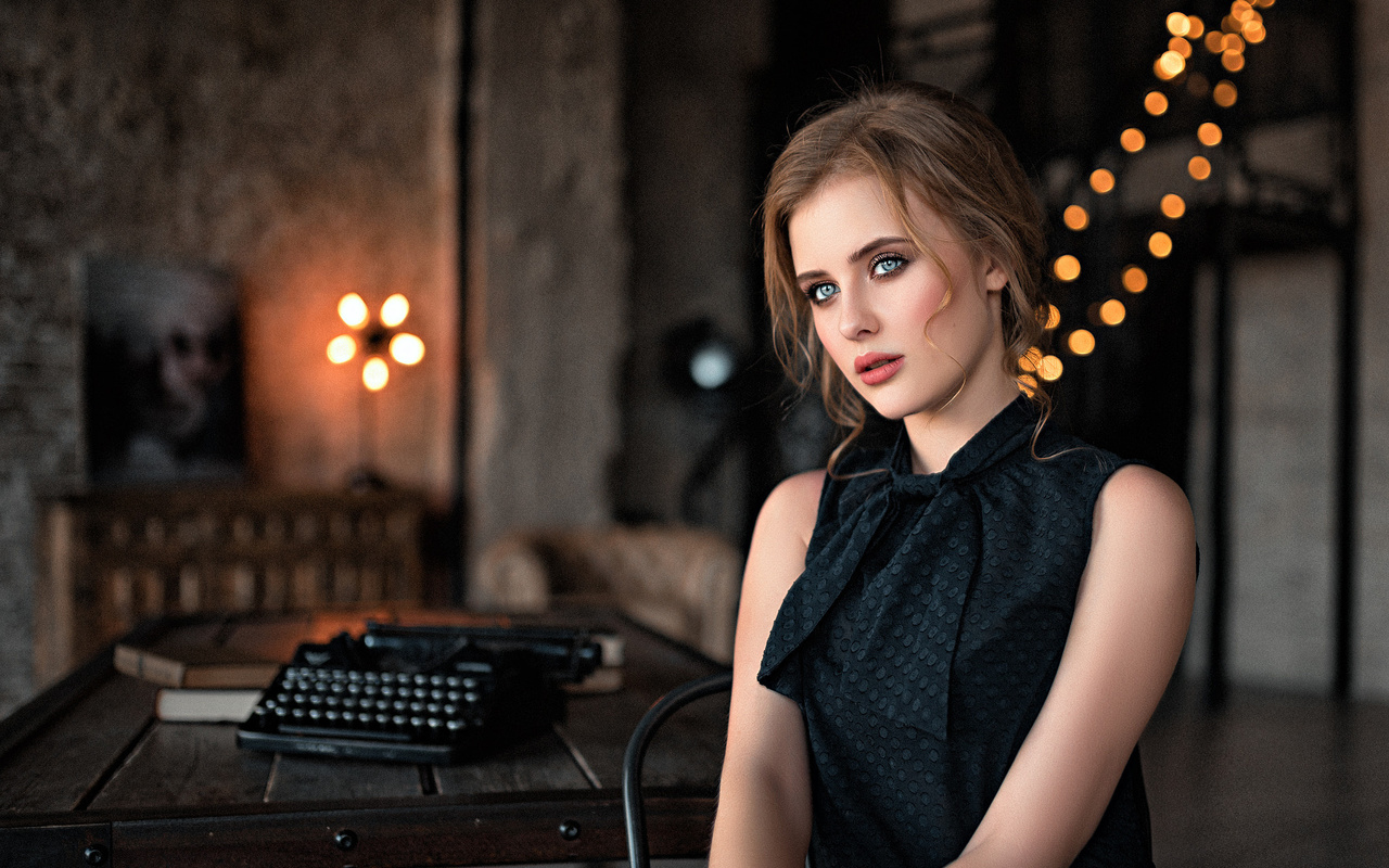 women, portrait, sitting, table, depth of field, typewriters, chair