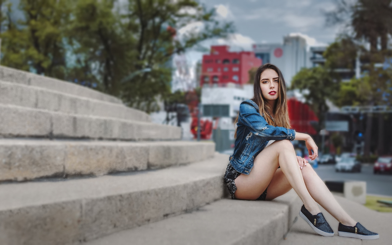 women, sitting, stairs, women outdoors, sneakers, brunette, depth of field, jean shorts, denim, red lipstick, portrait