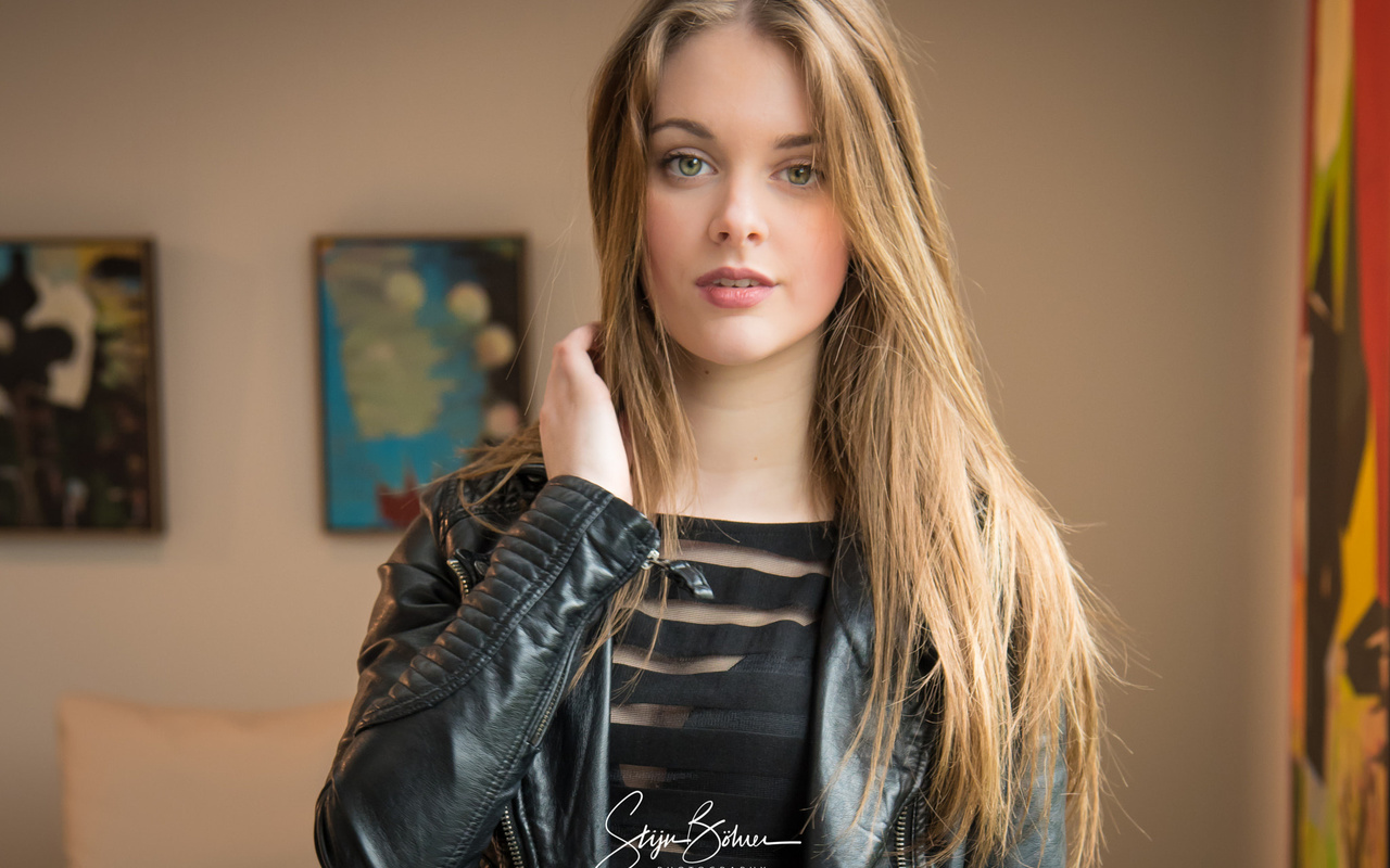 women, blonde, leather jackets, portrait