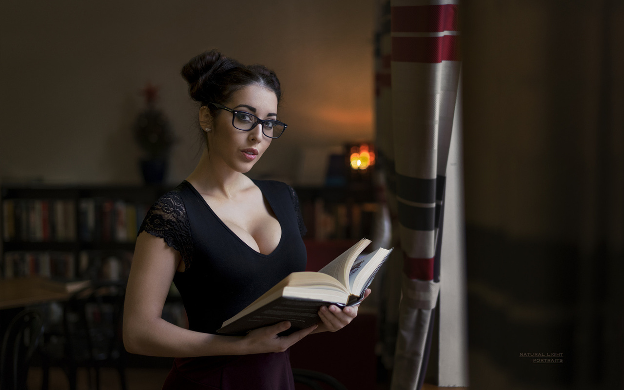 women, barbora zavadilova, women with glasses, portrait, hairbun, books