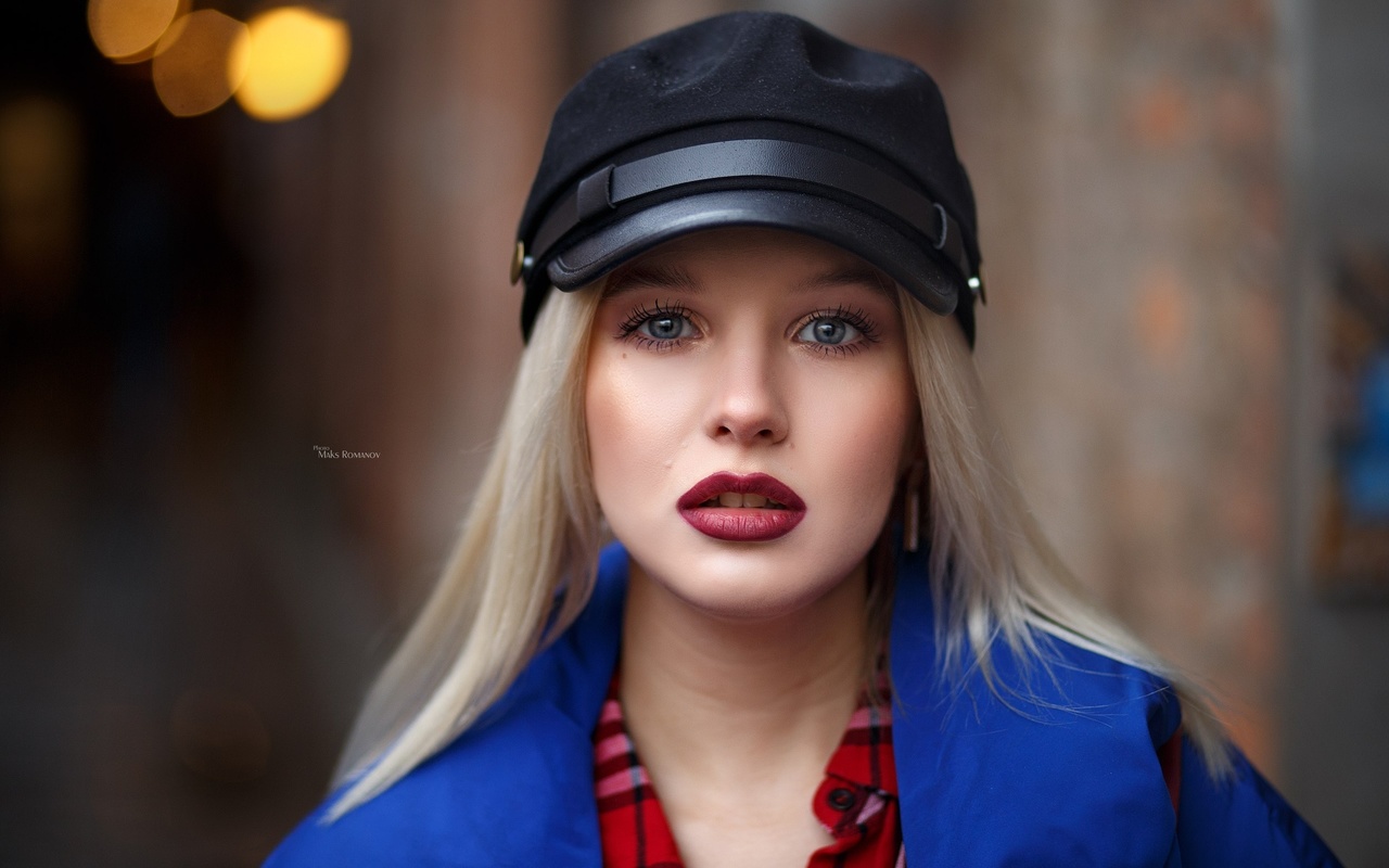 women, blonde, red lipstick, face, portrait, maksim romanov, depth of field, 