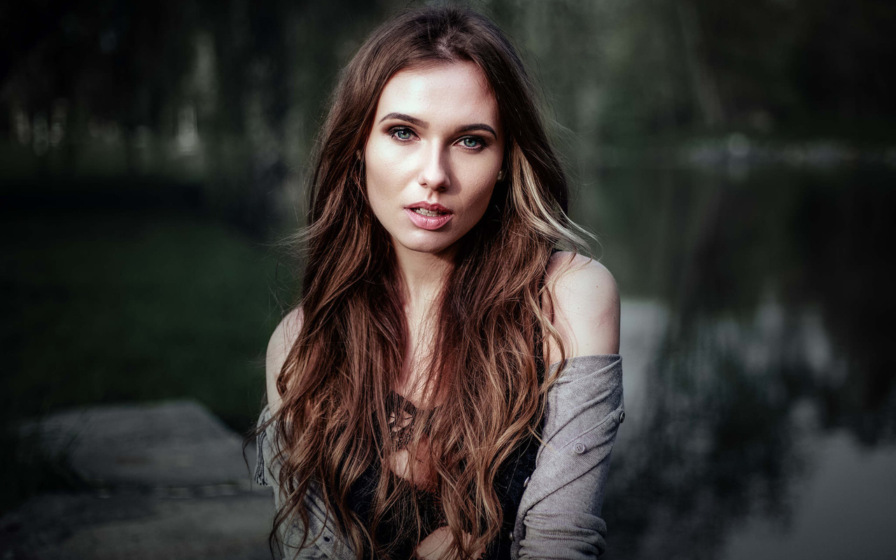 women, face, portrait, depth of field, river, black bras