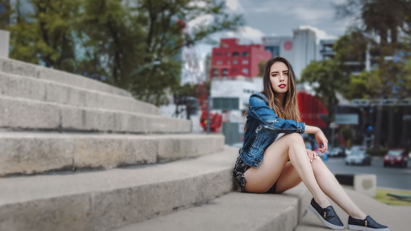 women, sitting, stairs, women outdoors, sneakers, brunette, depth of field, jean shorts, denim, red lipstick, portrait