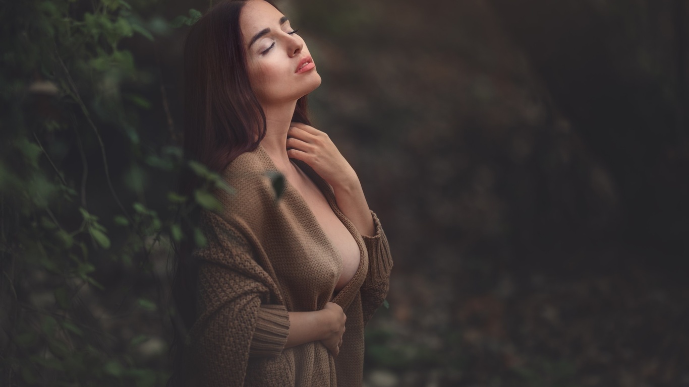 women, closed eyes, boobs, depth of field, women outdoors, nipple through clothing, portrait