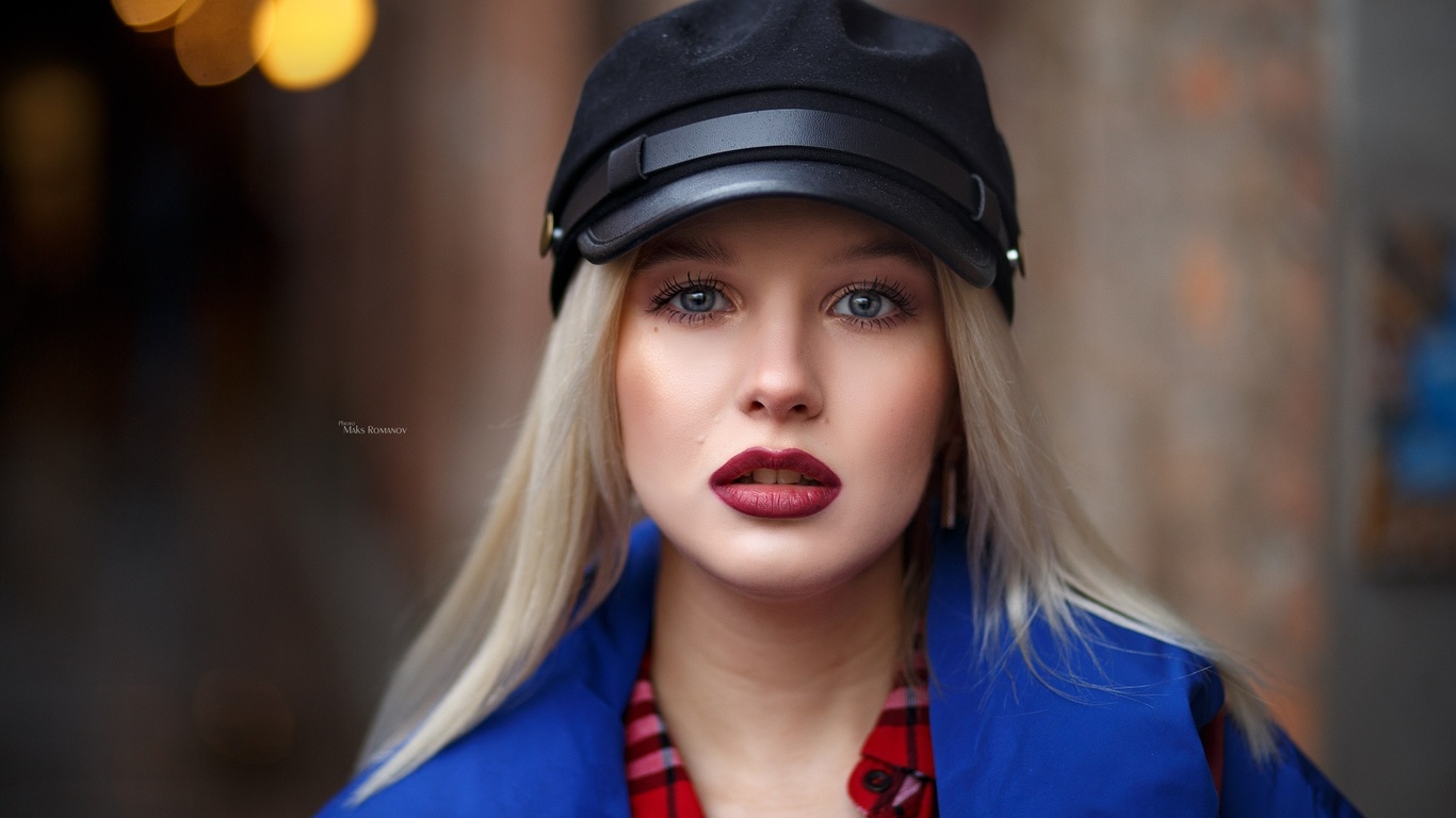 women, blonde, red lipstick, face, portrait, maksim romanov, depth of field, 