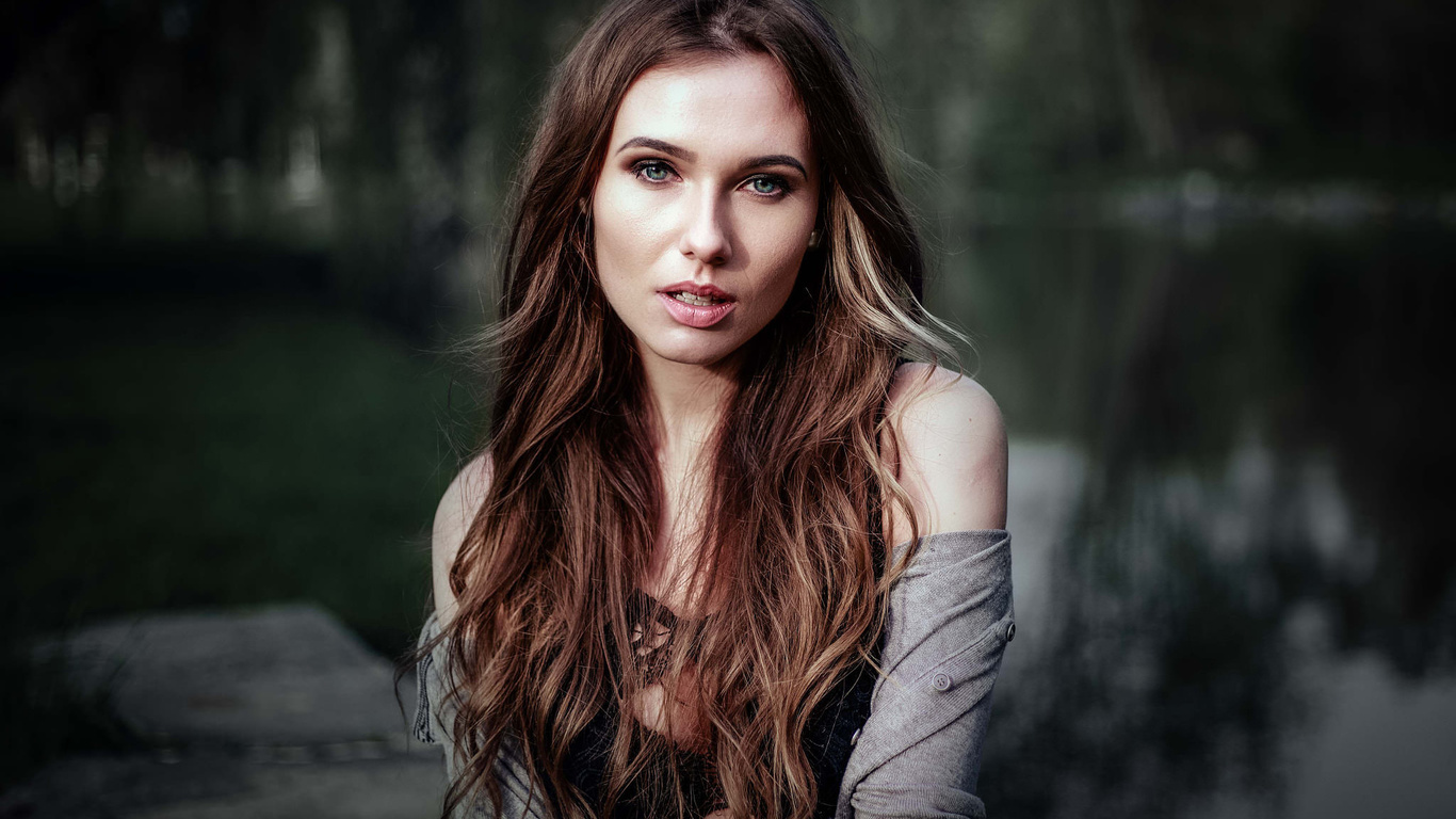 women, face, portrait, depth of field, river, black bras