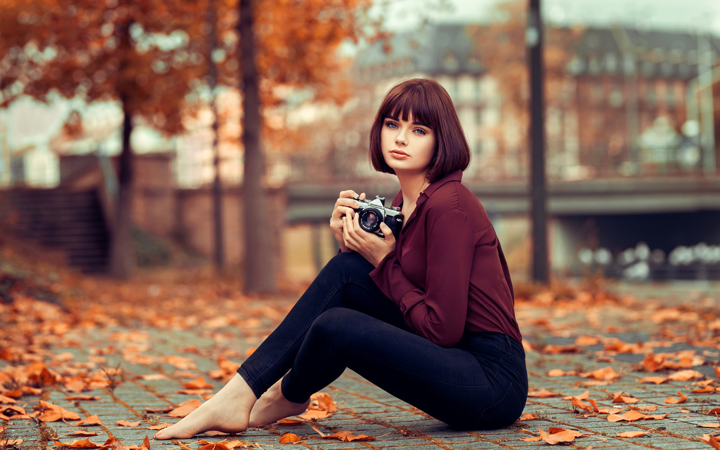 women, sitting, pants, leaves, camera, trees, portrait, women outdoors