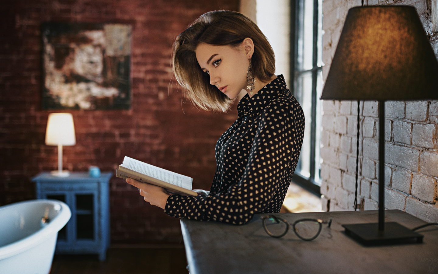 women, portrait, lamp, glasses, books, looking away, sergey fat