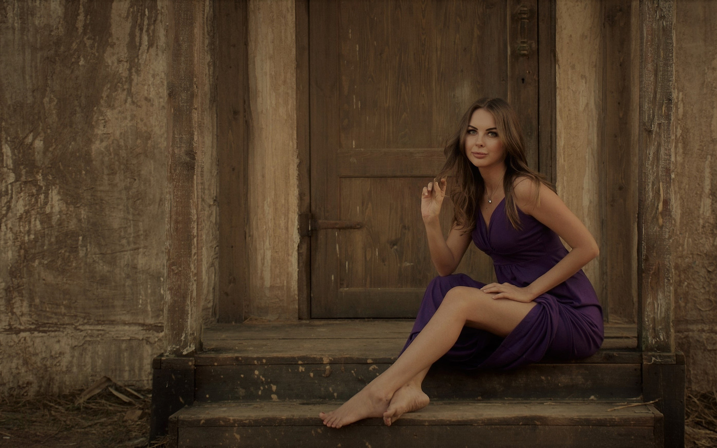 women, portrait, purple dresses, sitting, brunette, necklace, door