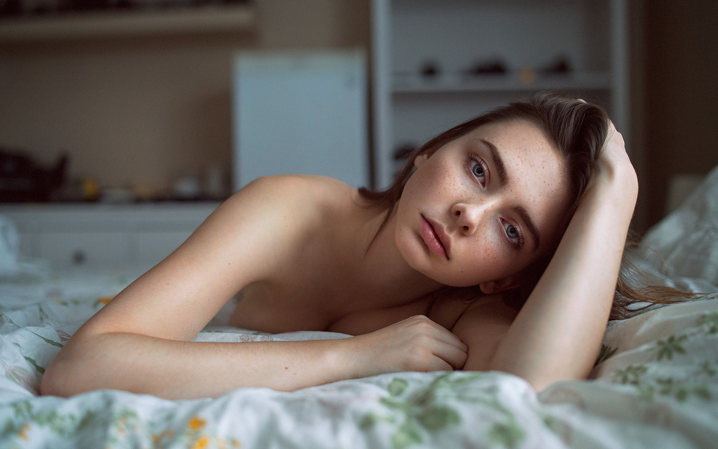 women, face, in bed, boobs, lying on front