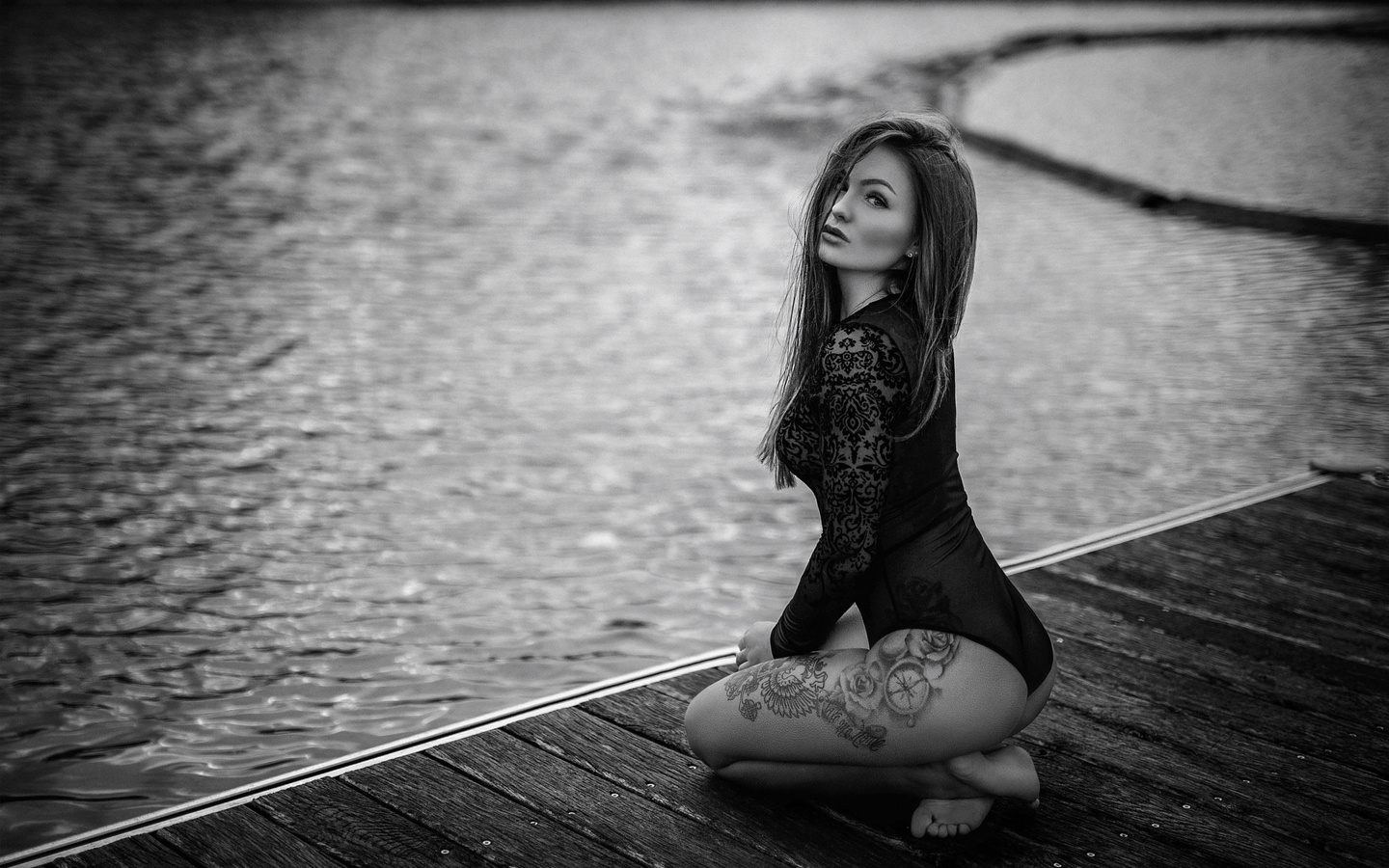 women, pier, tattoo, ass, kneeling, water, black lingerie, monochrome, women outdoors