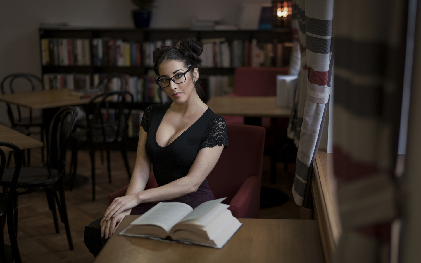 women, barbora zavadilova, portrait, table, sitting, women with glasses, books, hairbun