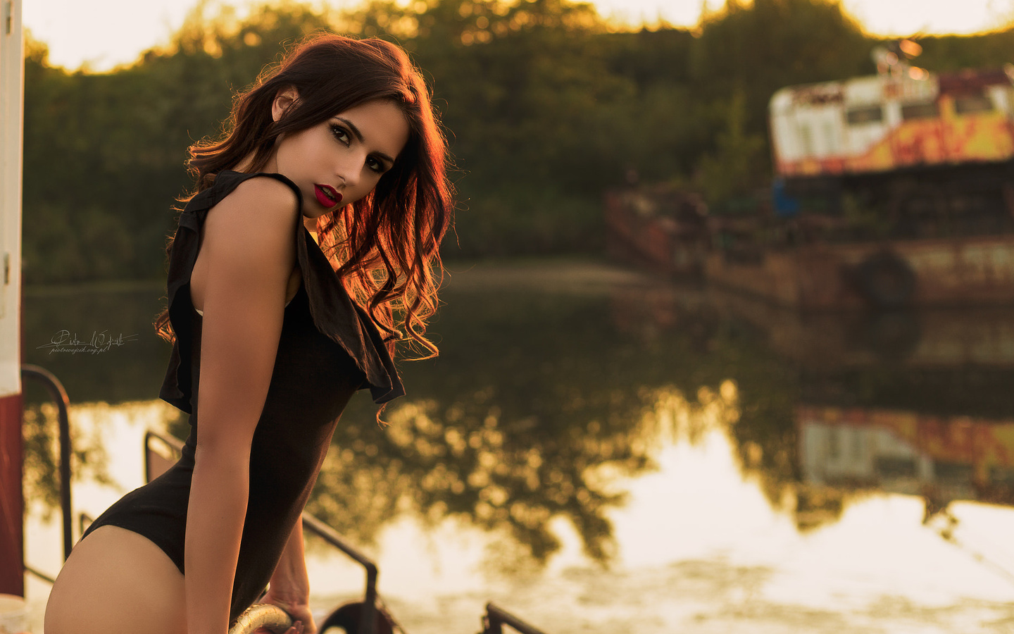 women, one-piece swimsuit, brunette, water, portrait, red lipstick, women outdoors, depth of field, ass, , , , , , , 