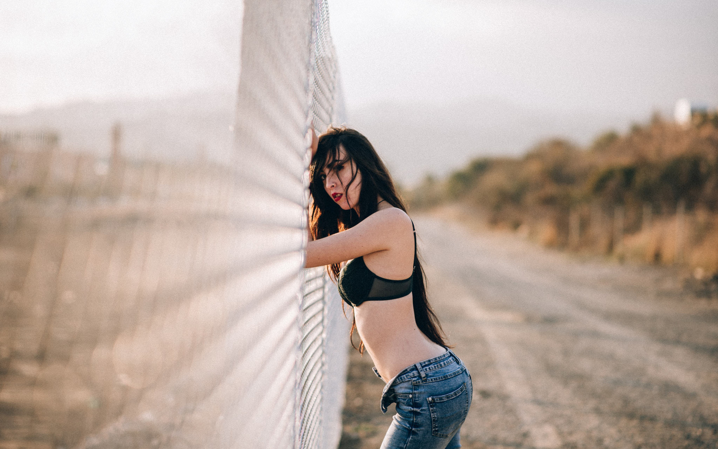 women, jeans, depth of field, belly, women outdoors, black bras, long hair, nose rings, red lipstick