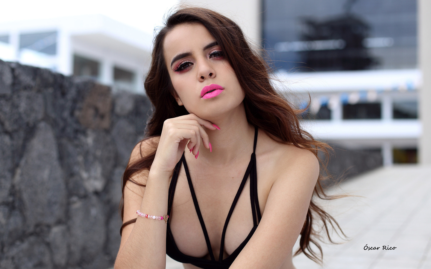 women, portrait, brunette, depth of field, women outdoors, pink lipstick, bikini top, pink nails