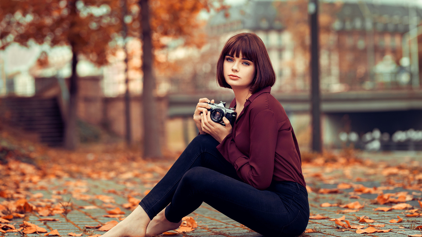 women, sitting, pants, leaves, camera, trees, portrait, women outdoors