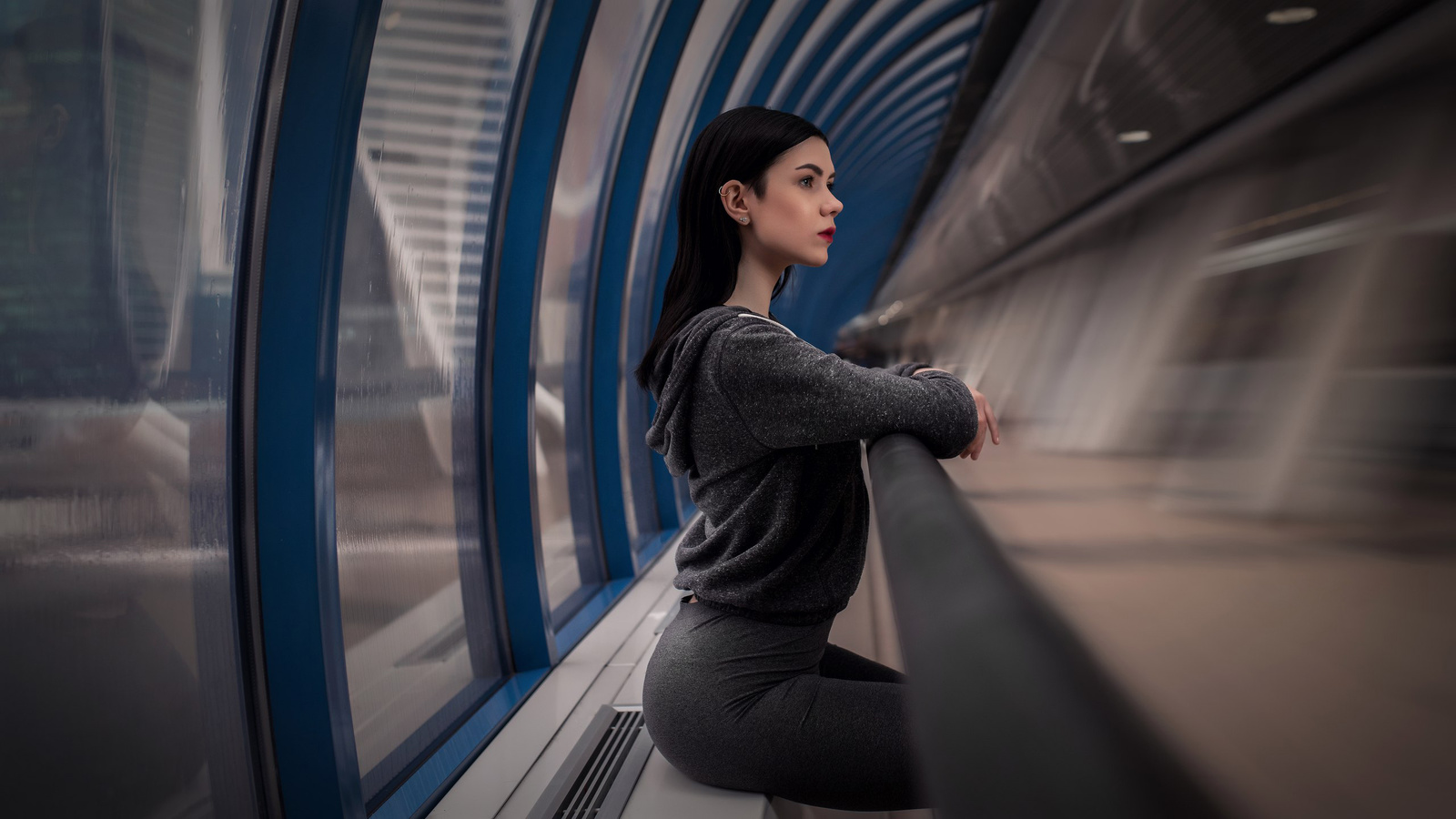 women, sitting, red lipstick, depth of field, portrait, sweater, looking away