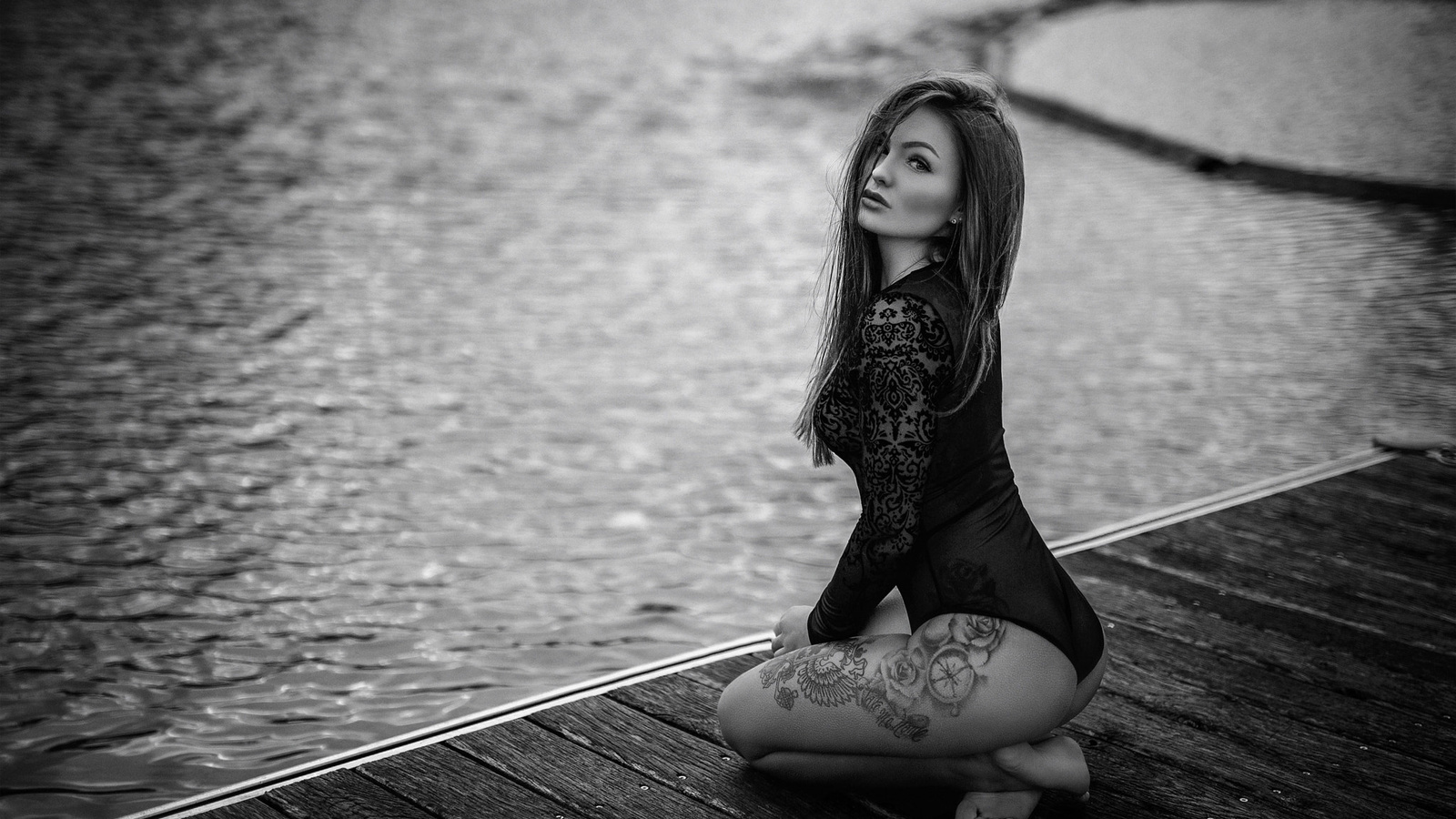 women, pier, tattoo, ass, kneeling, water, black lingerie, monochrome, women outdoors