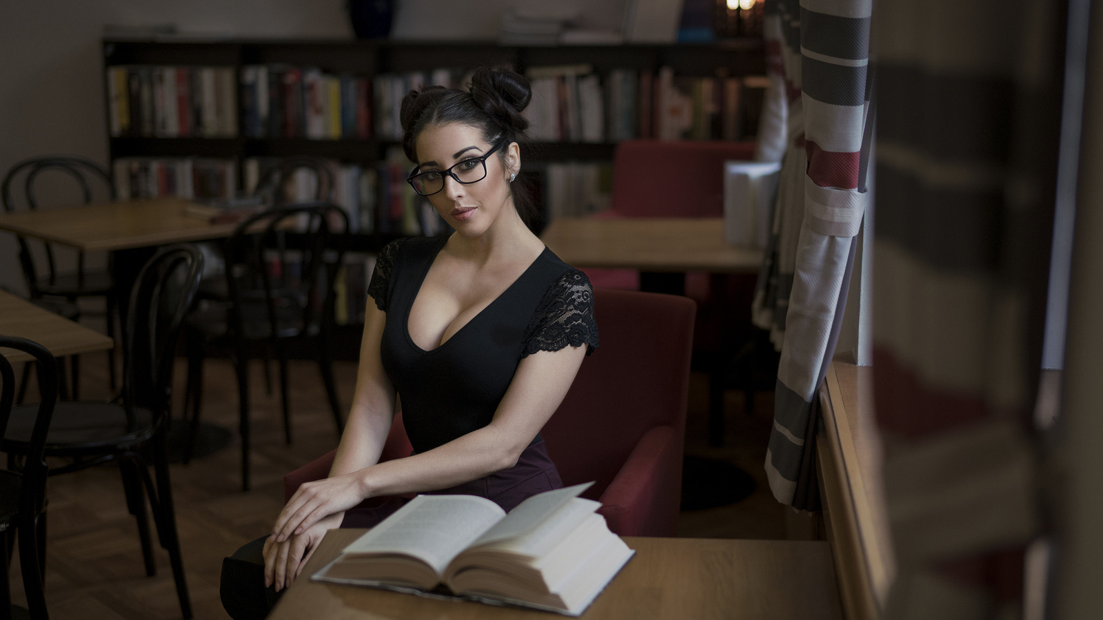 women, barbora zavadilova, portrait, table, sitting, women with glasses, books, hairbun