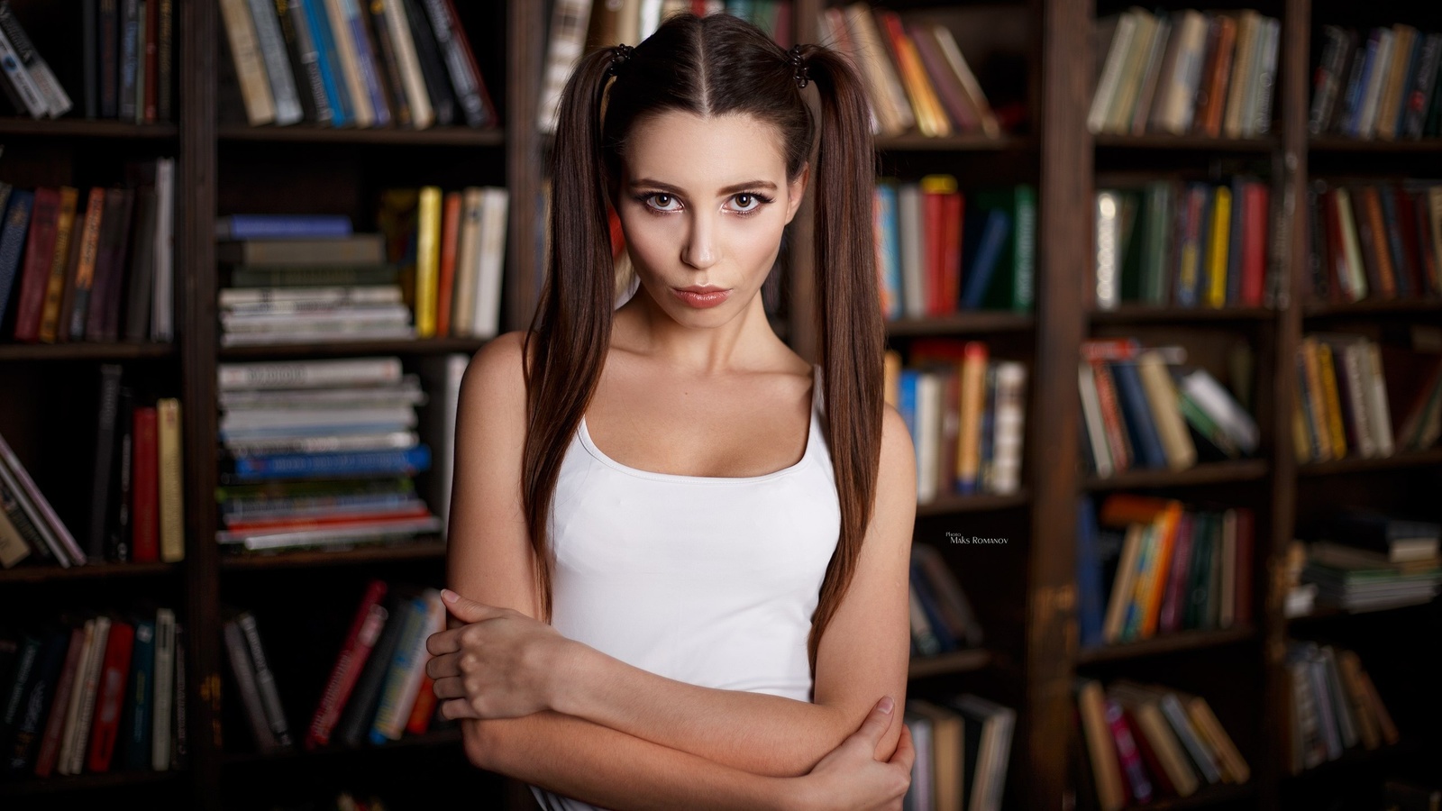 women, maksim romanov, portrait, arms crossed, pigtails, books