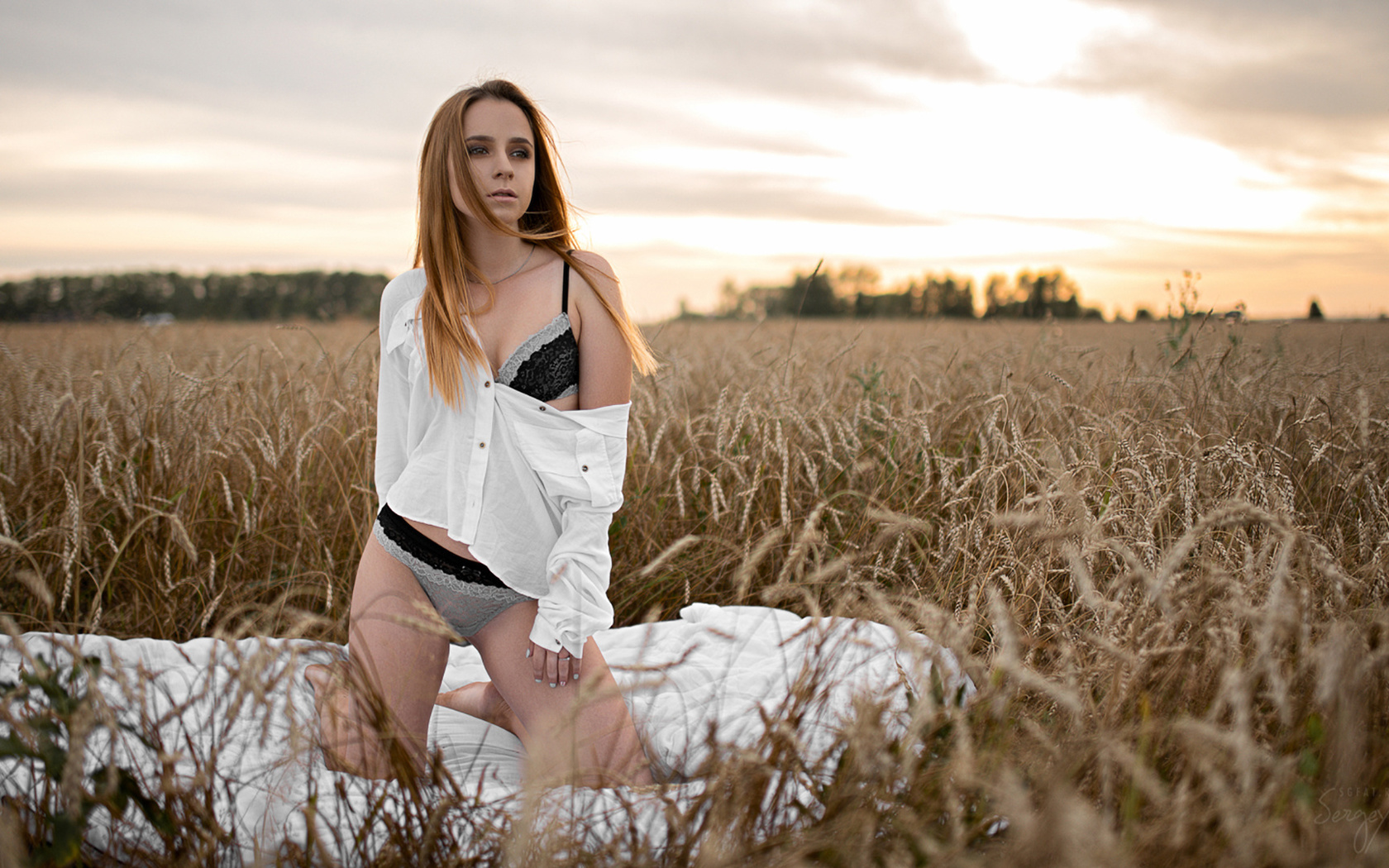 women, blonde, kneeling, lingerie, depth of field, sergey fat, white shirt, looking away, sunset, brunette, women outdoors