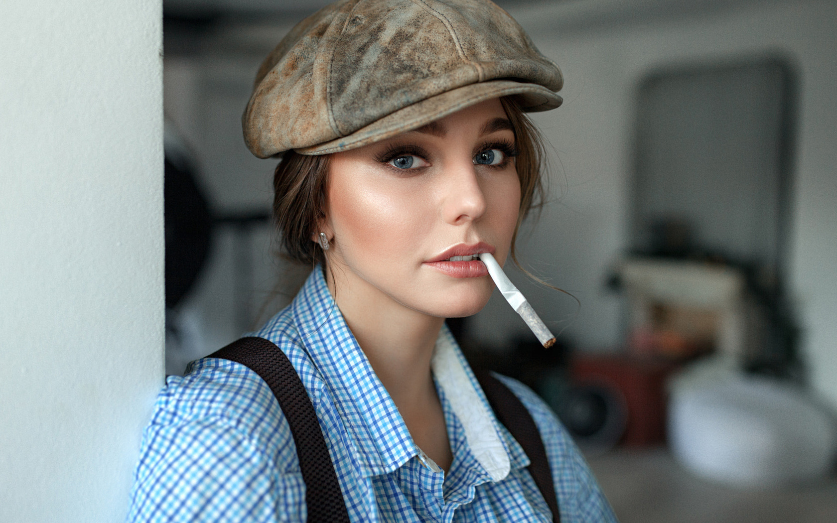 women, blue eyes, shirt, cigarettes, face, portrait, depth of field, suspenders