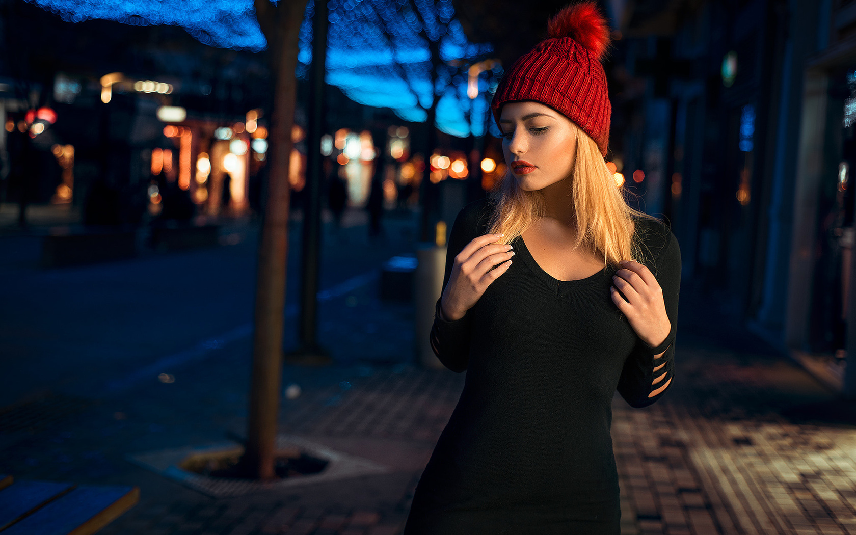 women, blonde, portrait, depth of field, red lipstick, black dress