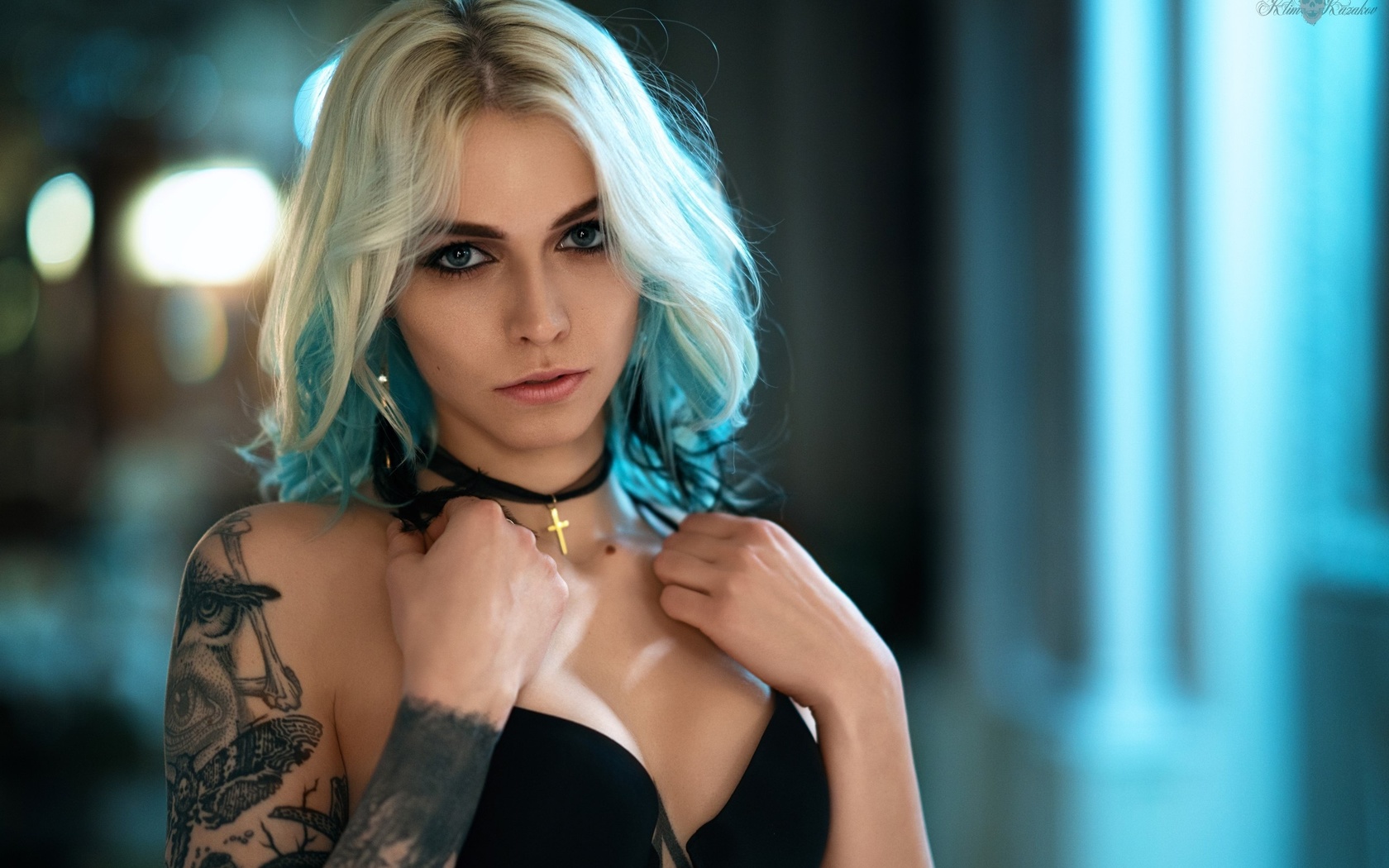 women, blonde, portrait, face, tattoo, dyed hair, blue eyes, , , , 