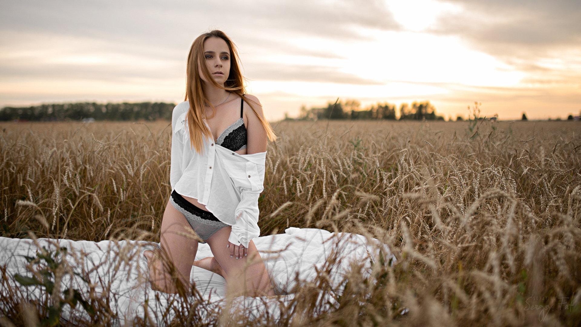 women, blonde, kneeling, lingerie, depth of field, sergey fat, white shirt, looking away, sunset, brunette, women outdoors