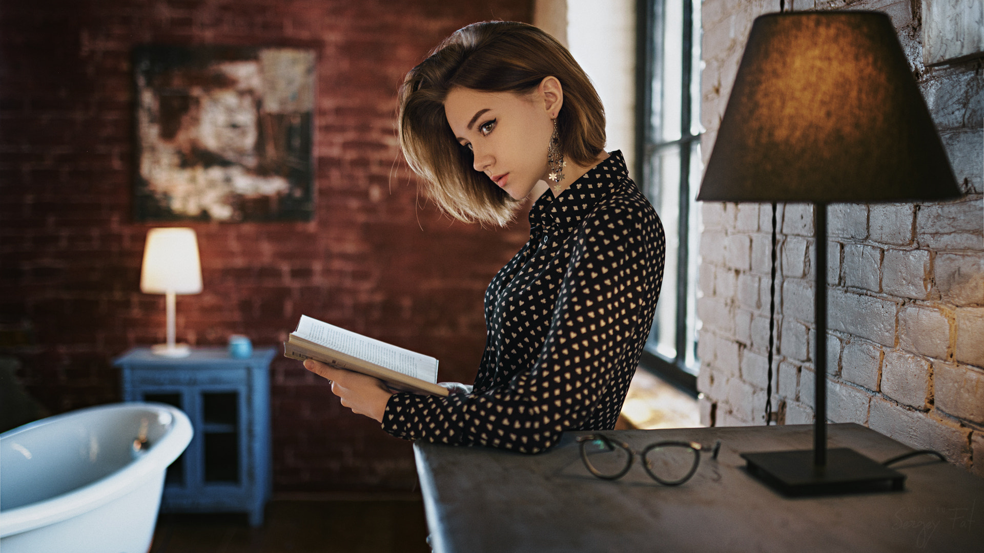 women, portrait, lamp, glasses, books, looking away, sergey fat