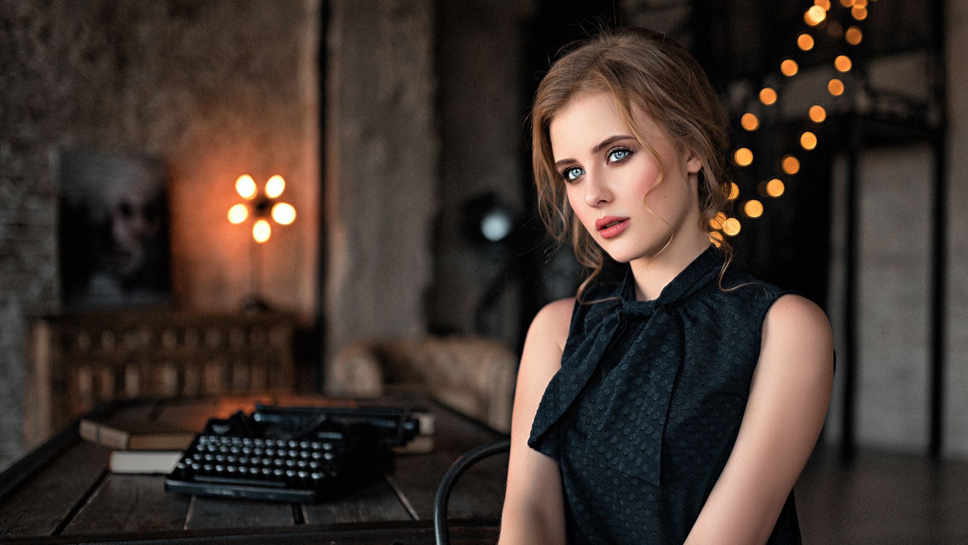 women, portrait, sitting, table, depth of field, typewriters, chair