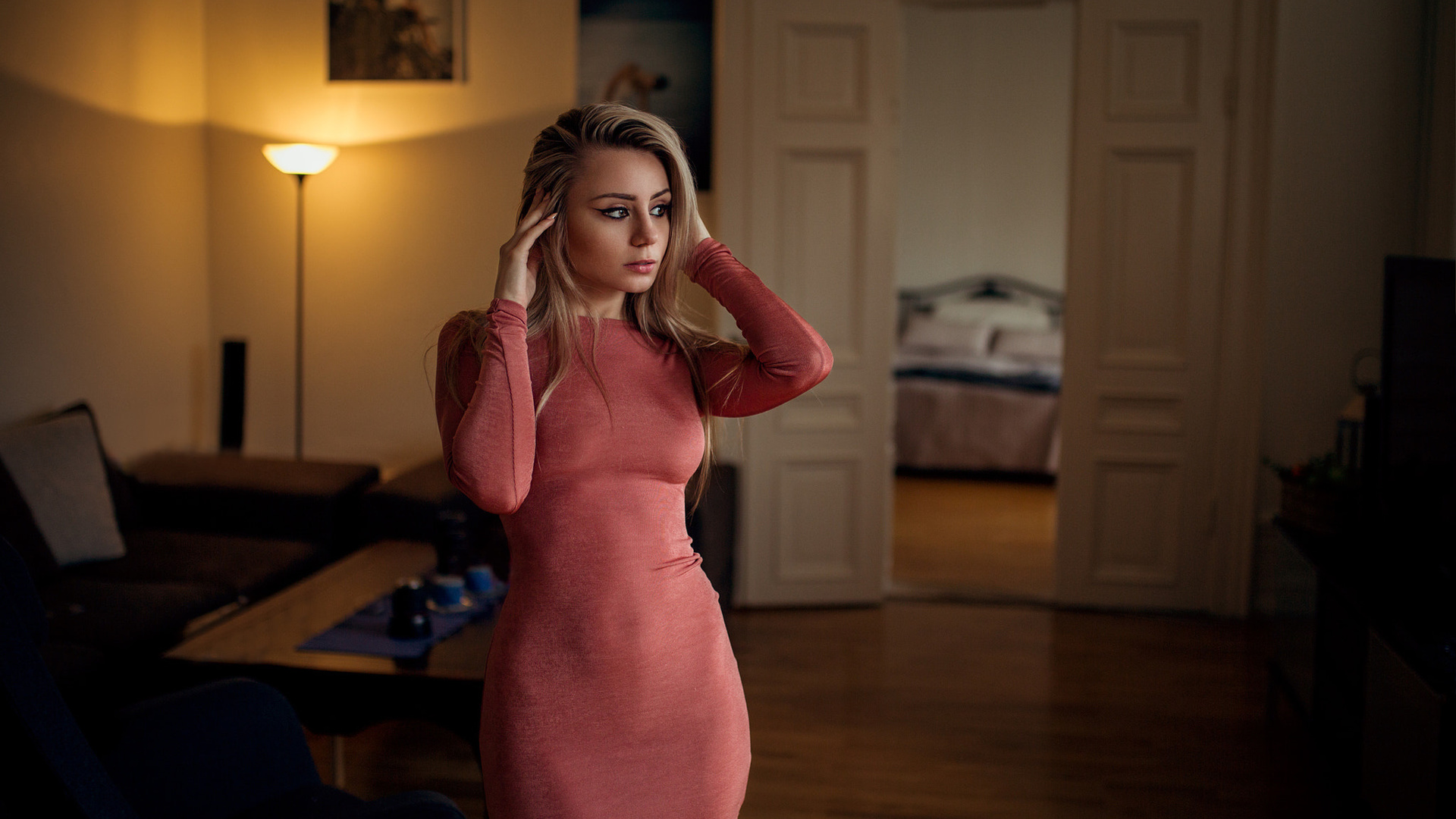 women, blonde, red dress, portrait, looking away, eyeliner, hips