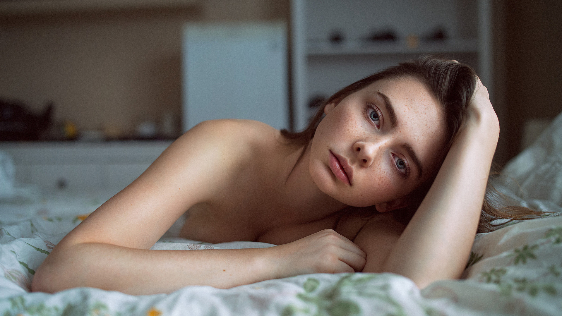 women, face, in bed, boobs, lying on front