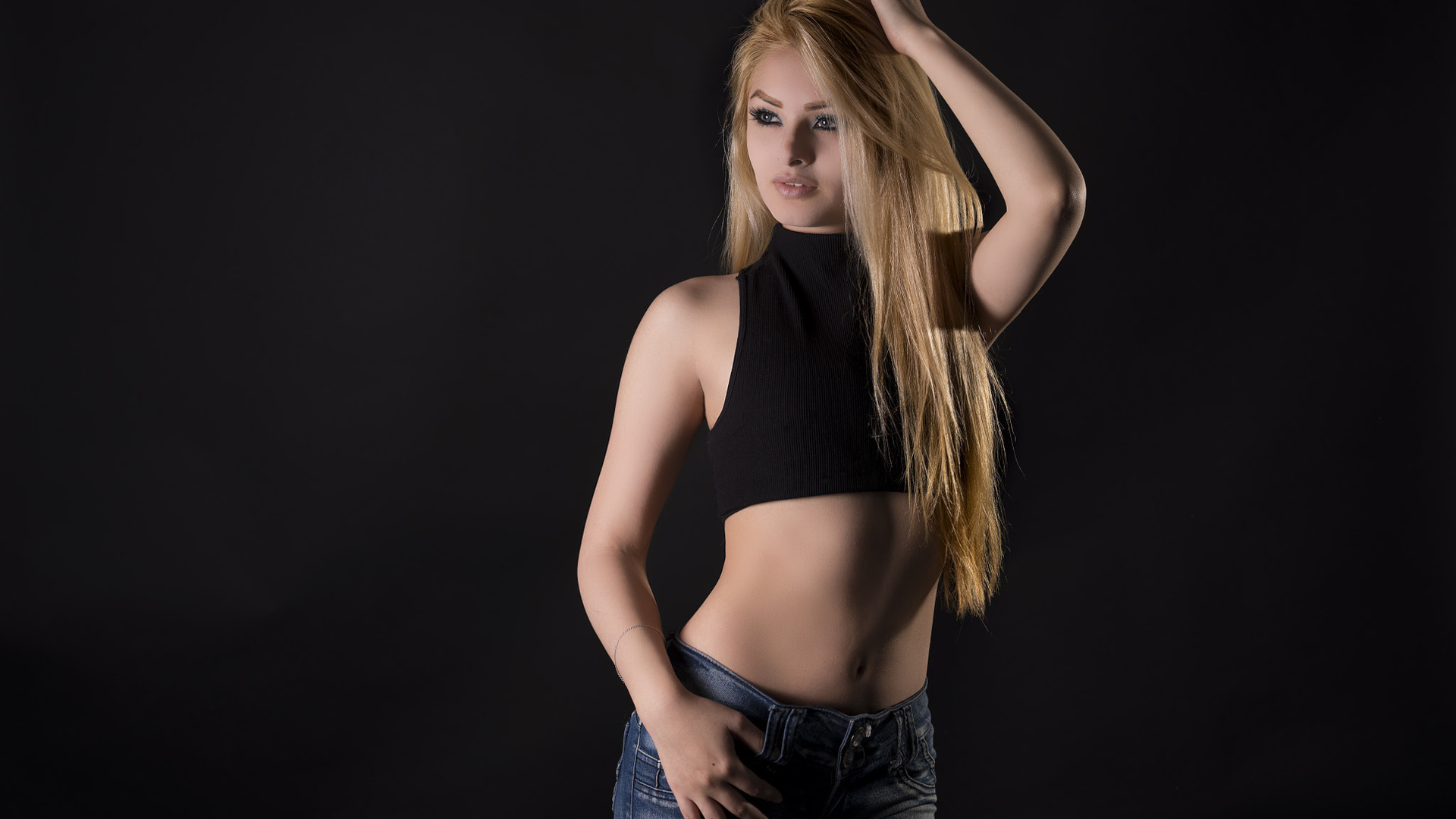 women, blonde, belly, long hair, brunette, jeans, simple background, portrait, looking away